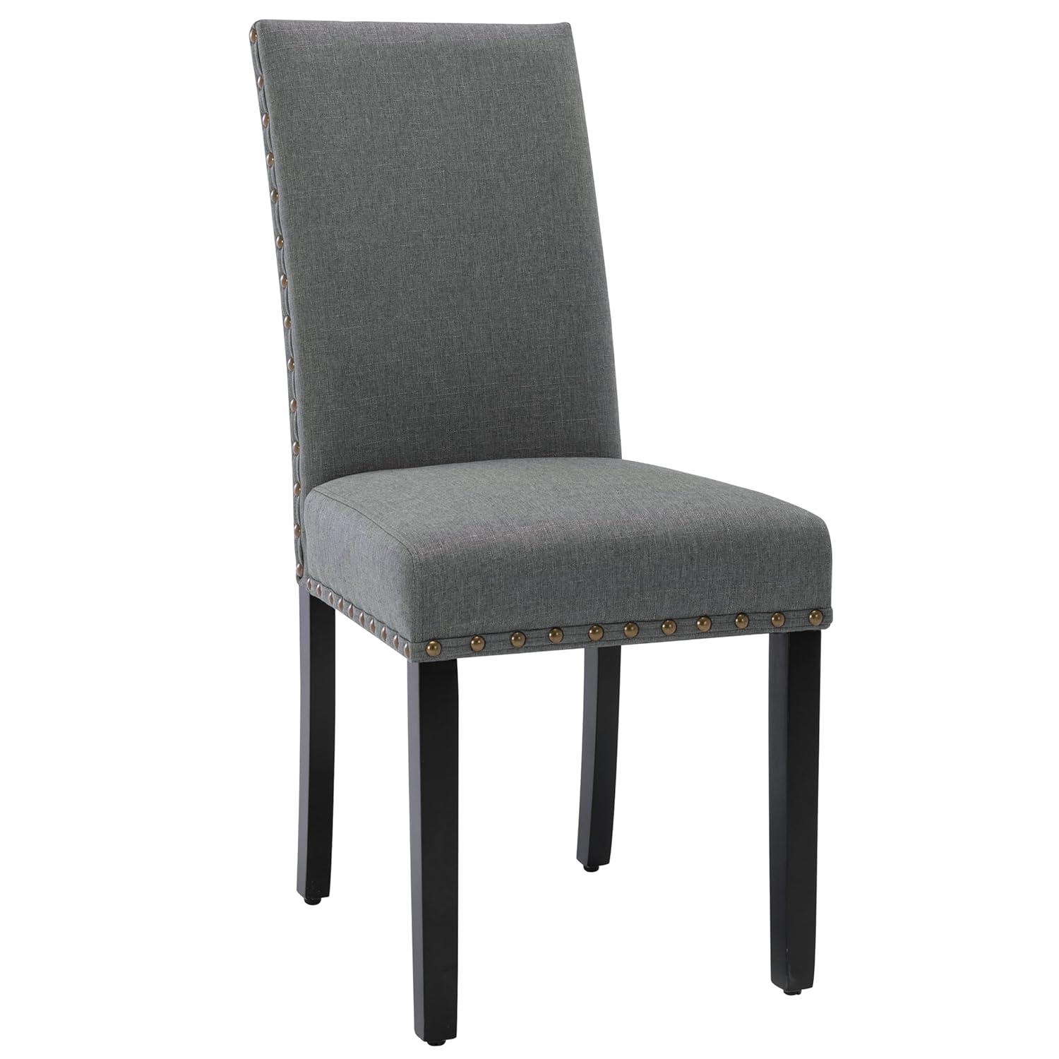 Upholstered Dining Chairs Set pf 2 Studded Parson Chairs with Nailheads and Sturdy Wooden Legs, Grey