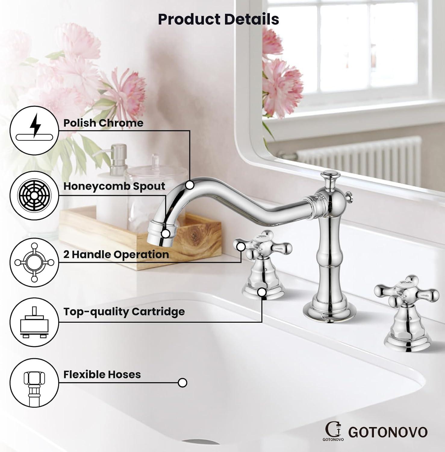 gotonovo Widespread Bathroom Sink Faucet Double Cross Knobs Polish Chrome 3 Hole Mixing Tap Deck Mount with Pop Up Drain