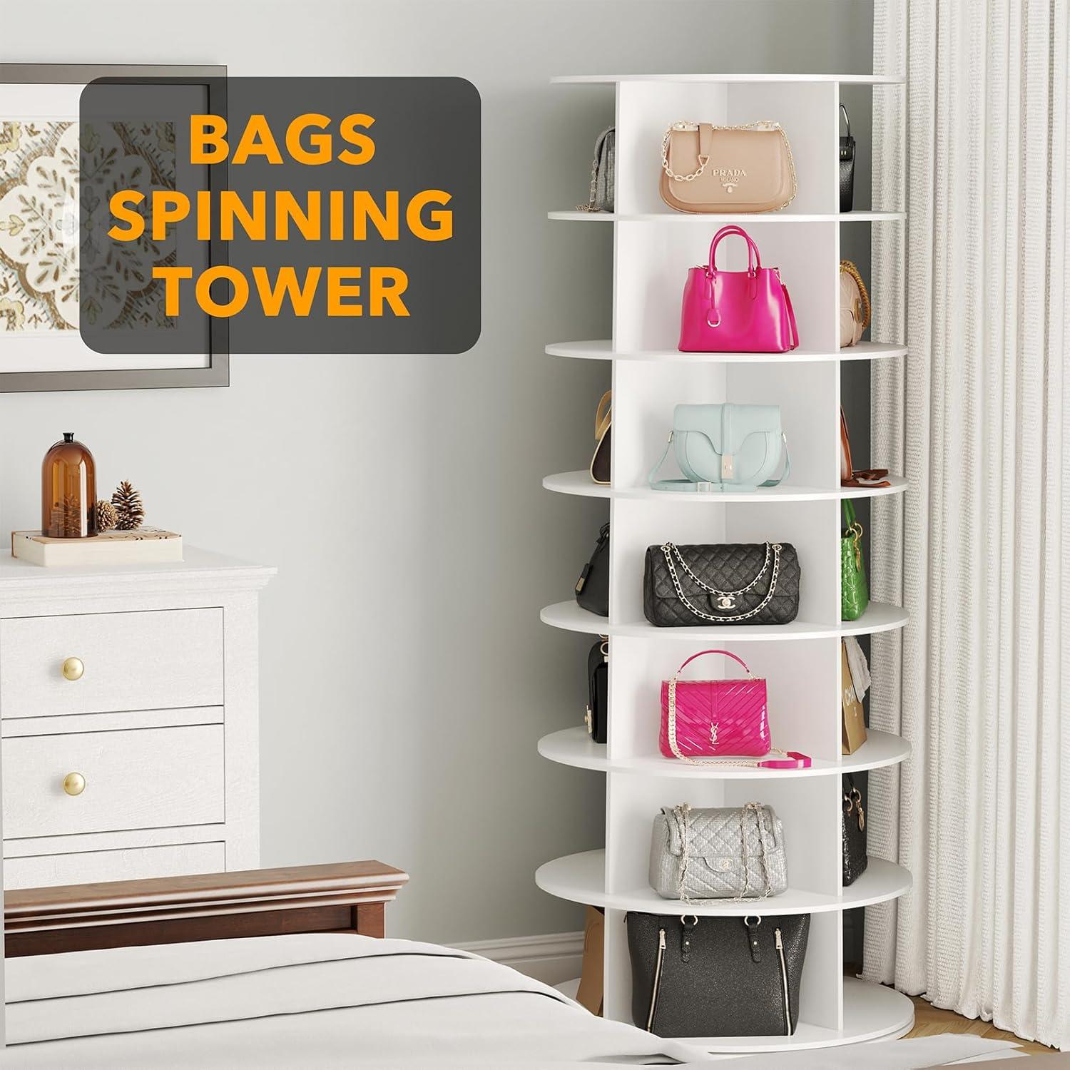 7 Tier Rotating Shoe Rack Tower, Revolving Shoe Rack Storage, Round Carousel Vertical Handbag and Shoe Organizer ,White-SpaceAid®