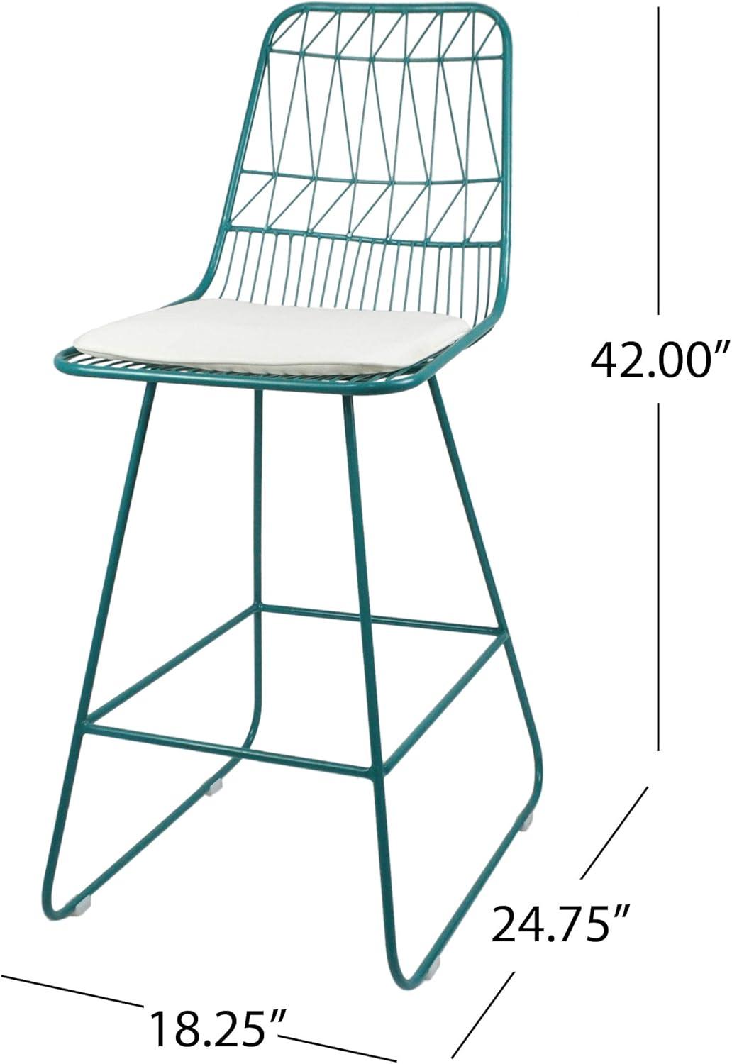 Lilith Indoor Wire Counter Stools with Cushions, Set of 2, Teal and Ivory