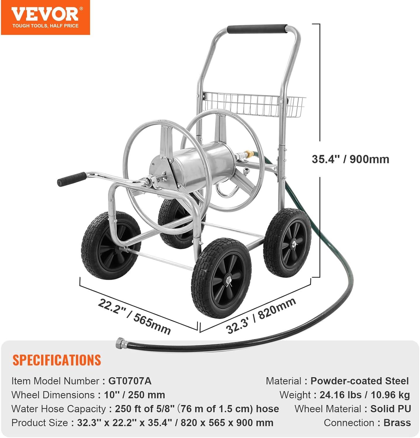 Heavy Duty Silver Steel Garden Hose Reel Cart with Storage Basket