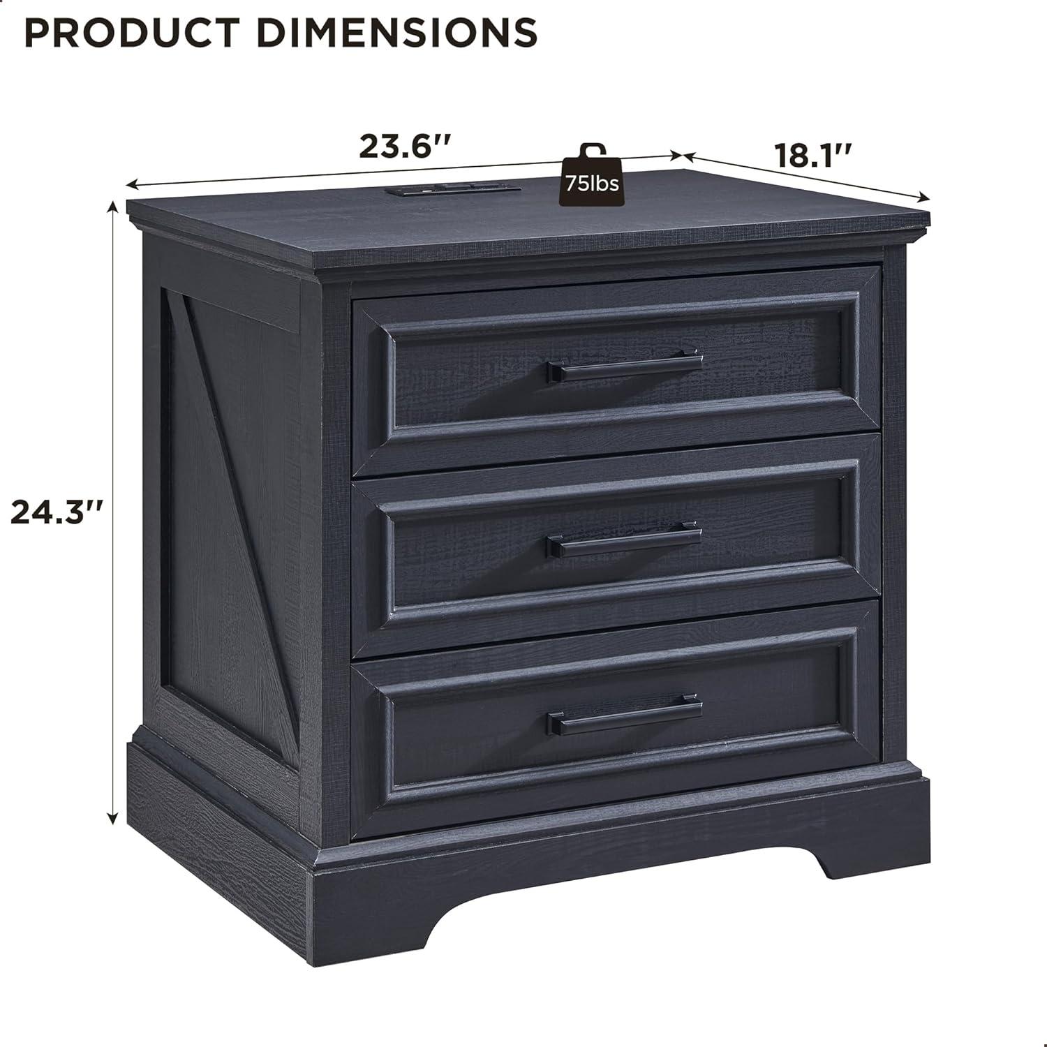 24" Wide Farmhouse Nightstand with Charging Station & 3 Drawers & Handles, End Table for Bedroom, Living Room