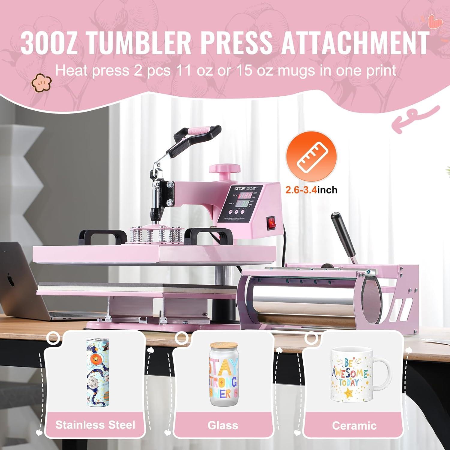 Pink 15x15 Inch 5-in-1 Heat Press Machine with Tumbler Attachments