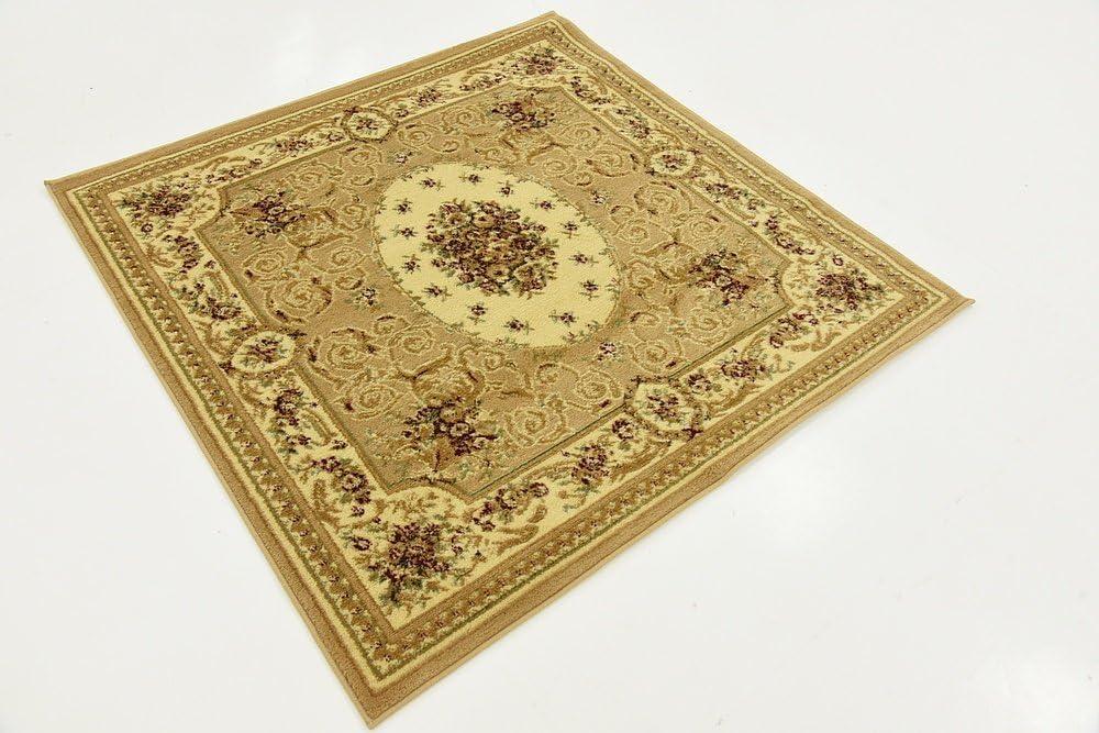 Tan and Cream Floral Square Stain-Resistant Rug