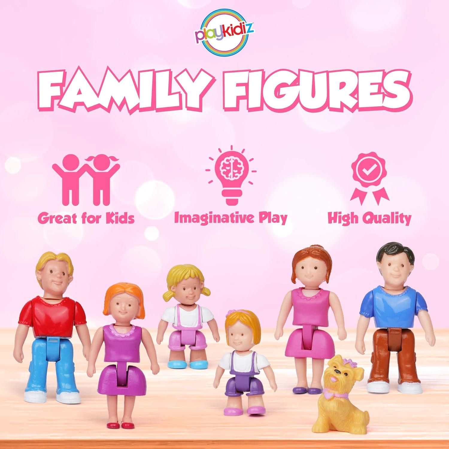 Playkidz Family Figures - Set of 7 Small Toy People, Dollhouse Accessories