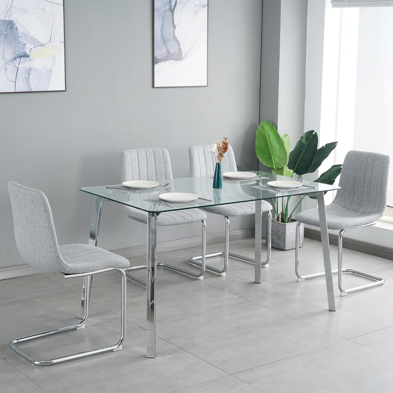 Light Gray Upholstered Dining Chairs with Chrome Legs, Set of 4