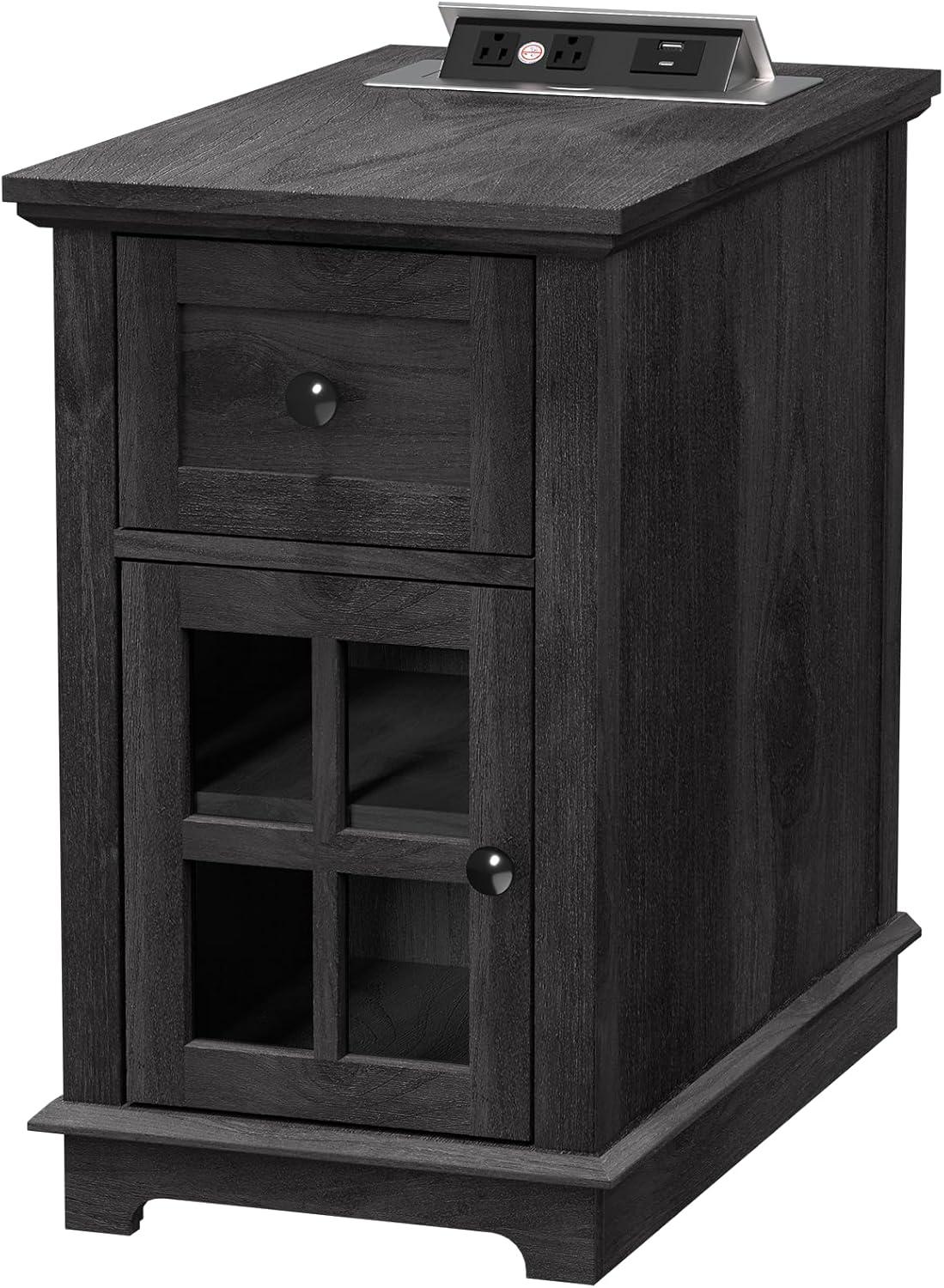 FAGAGA End Tables for Living Room with Charging Station, Wooden Nightstand for Bedroom with Storage Detachable Holder | Blackgrey