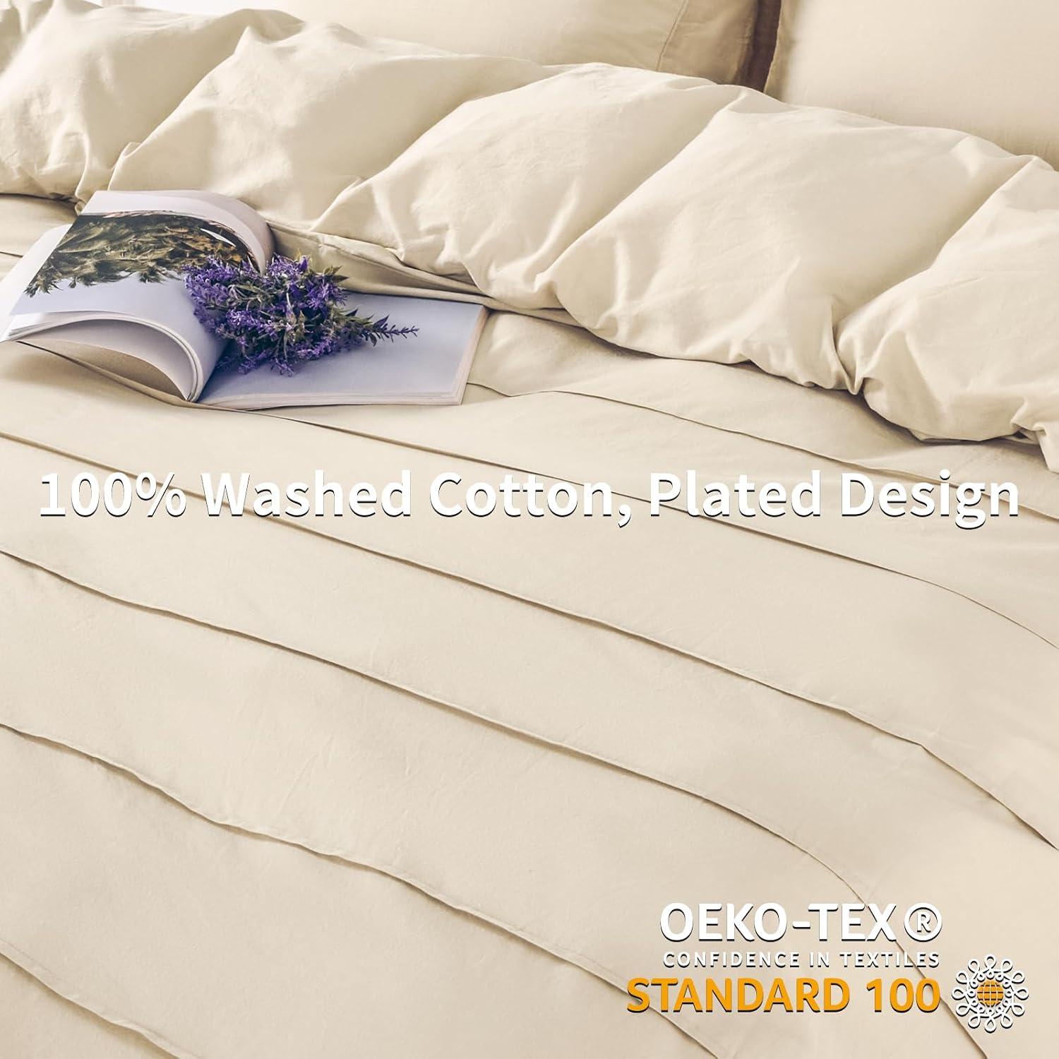 NEXHOME PRO Duvet Cover Set 100% Washed Cotton Oversized Queen 98"x98", Organic Natural Linen Look Textured 3 Pieces Bedding Set Apricot Yellow with Zipper Closure, Breathable, Soft (No Comforter)