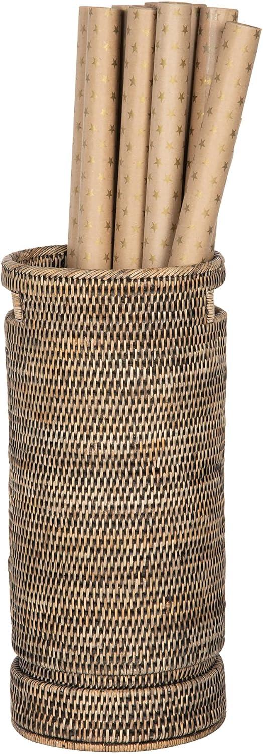 Kouboo La Jolla Rattan Round Handmade Umbrella Holder Freestanding Cane Stand Decorative, Catch, Stand For Entryway, Black Wash