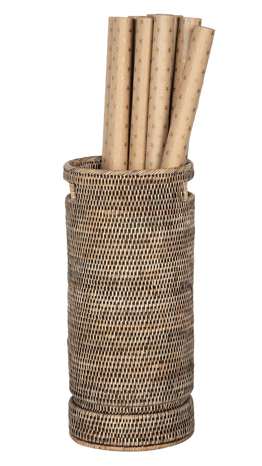 Kouboo La Jolla Rattan Round Handmade Umbrella Holder Freestanding Cane Stand Decorative, Catch, Stand For Entryway, Black Wash