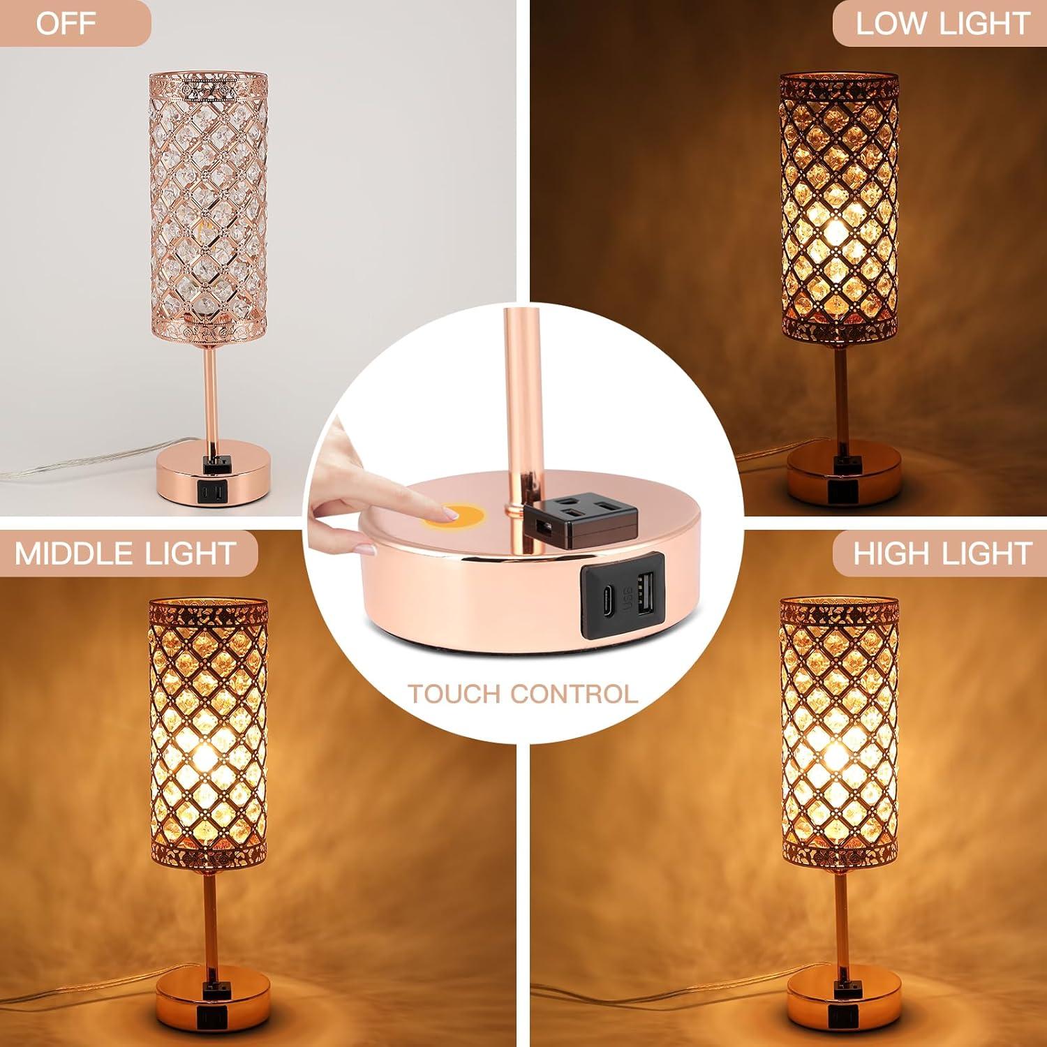 Rose Gold Crystal Touch Table Lamp with USB Ports