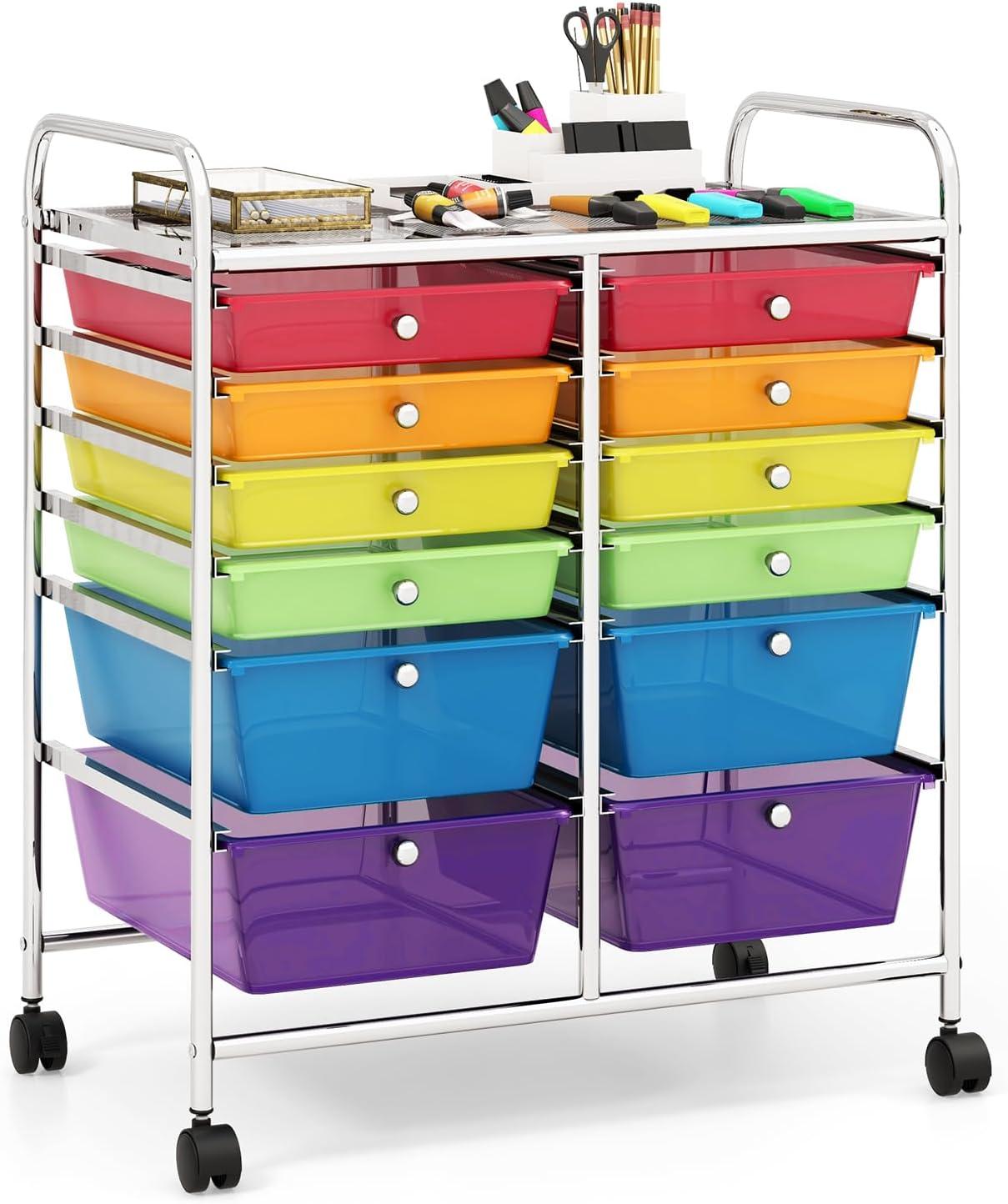 Storage Cart with 12 Drawers Rolling Wheels Semi-Transparent Multipurpose Mobile Rolling Utility Cart for School, Office, Home, Beauty Salon Files Arrangement Storage Organizer Cart, Multi-color