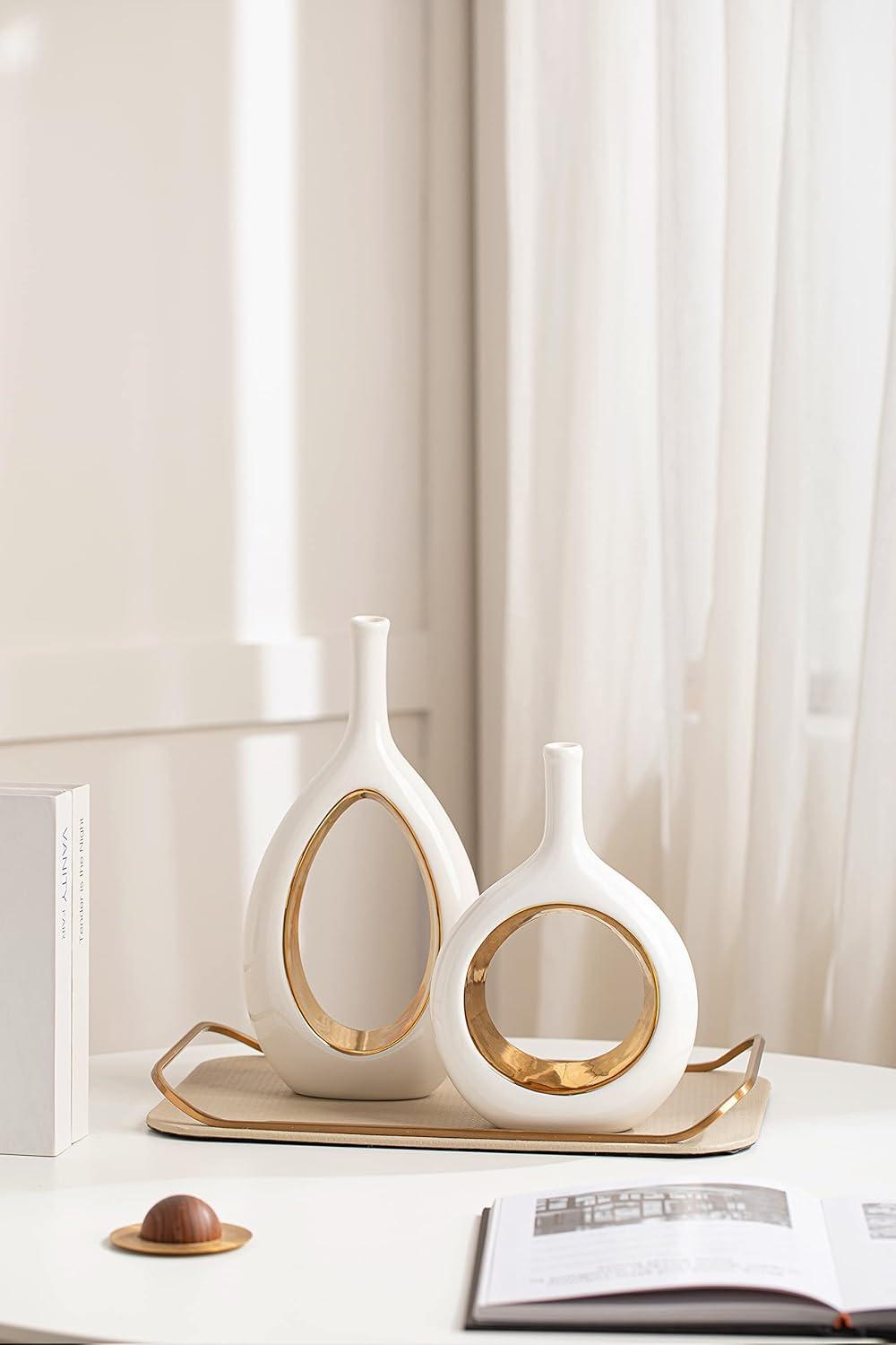 White and Gold Ceramic Cylinder Decorative Vase Set