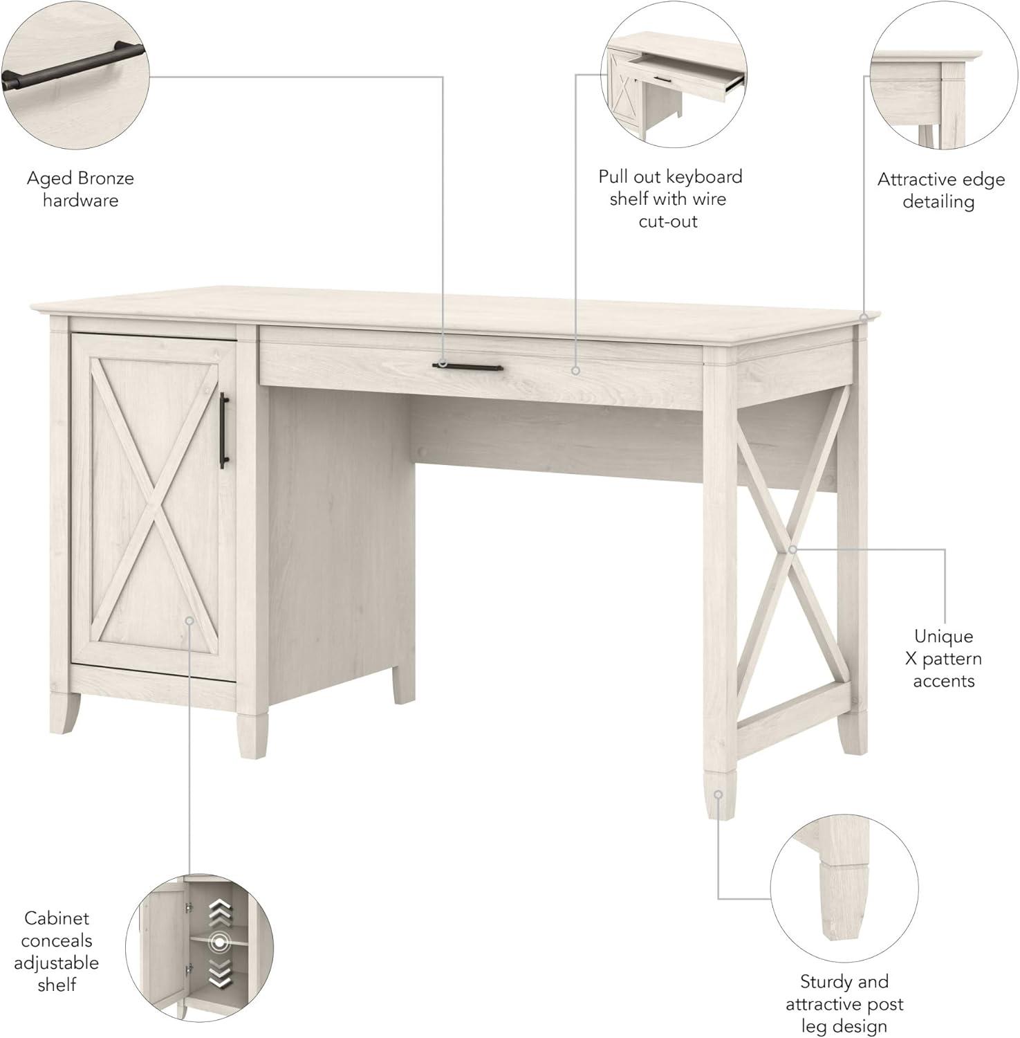 Linen White Oak 54" Cabinet Desk with Keyboard Tray & Storage