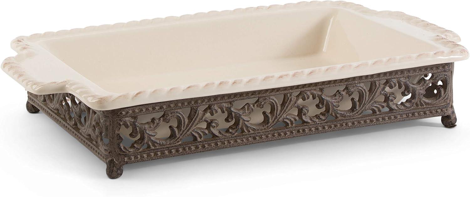 Cream Ceramic Baker with Scrolled Metal Base, 14x9 Inch