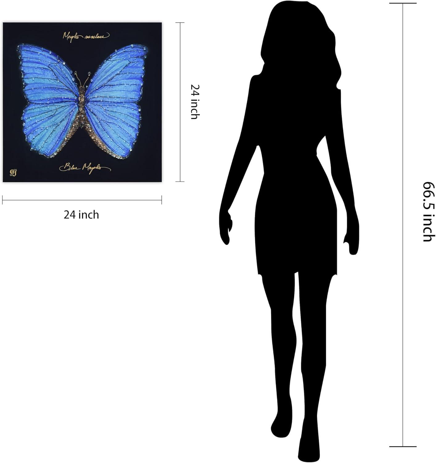 "Blue Monarch Elegance" Crystallus Epoxy Coated Wrapped Glossy Butterfly Canvas Wall Art with Heavy Acrylic Crystal Shards Embellishments