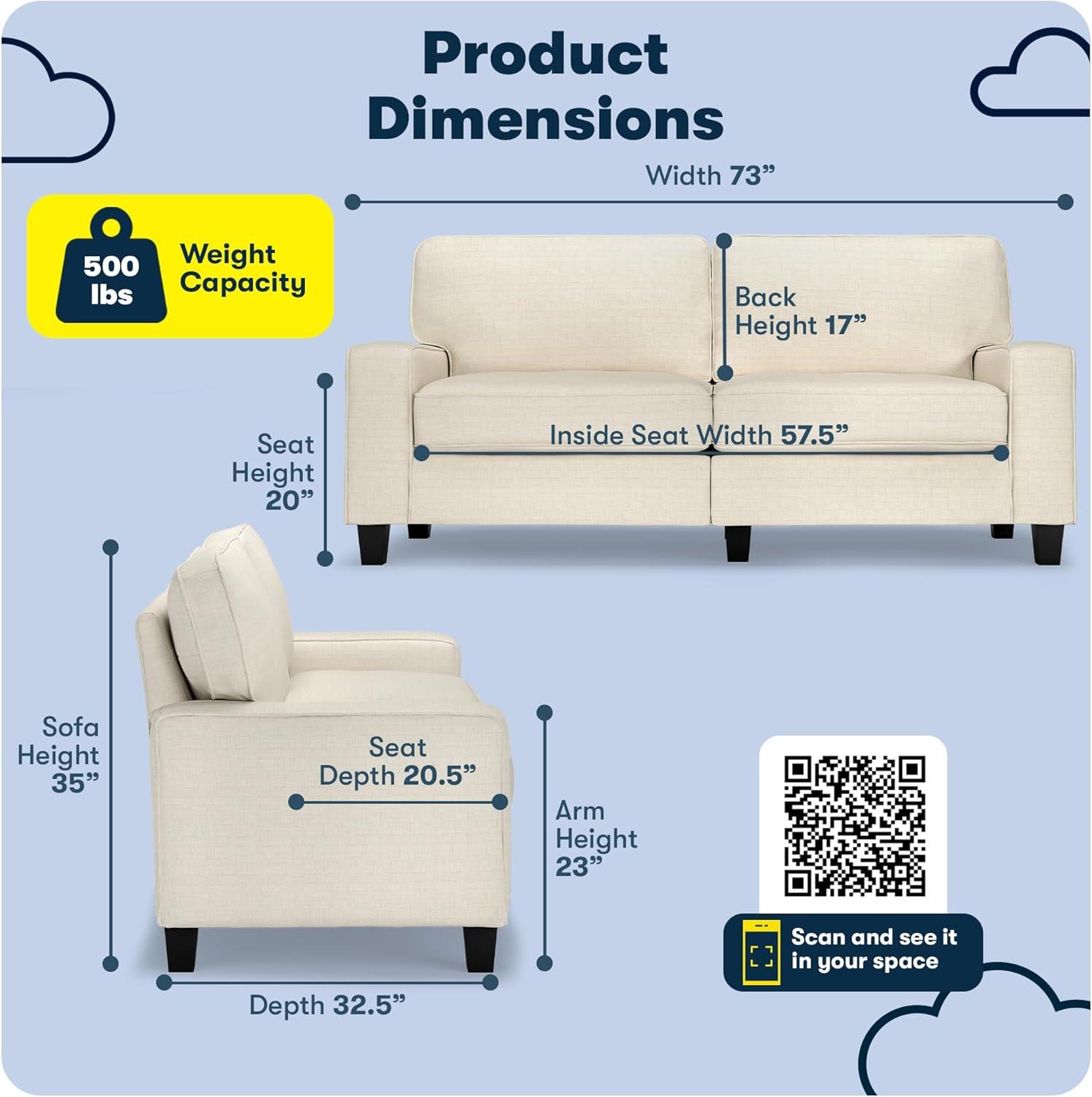 Serta Palisades 73" Track Arm Sofa, Easy Care Fabric, Soft Pillow Back, Pocket Coil Seat Cushions