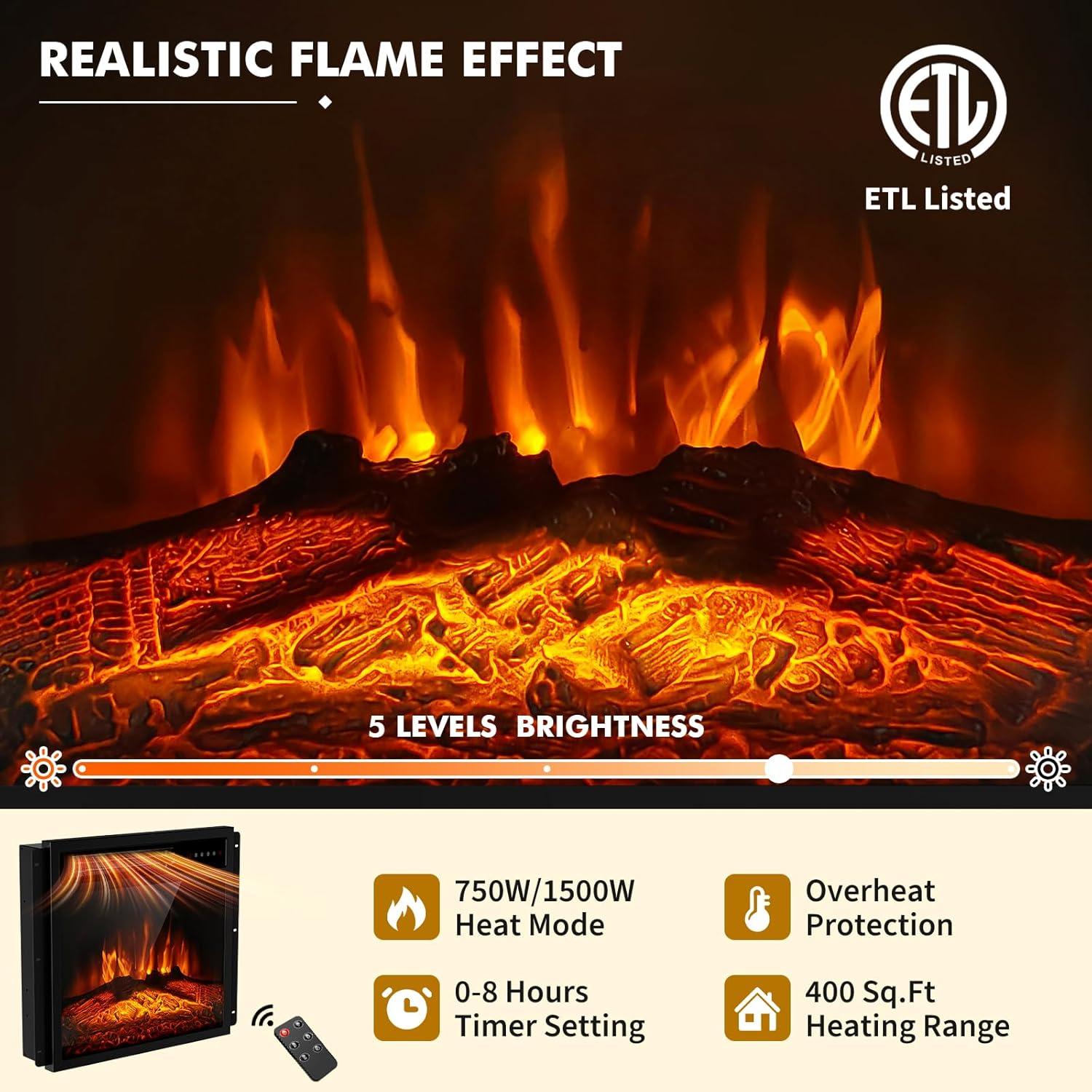 BOSSIN 58" Fireplace TV Stand for 65 inch TV Console with 18'' Electric Fireplace & Remote, Wooden Modern Entertainment Center for Living Room with LED Light Glass Shelves