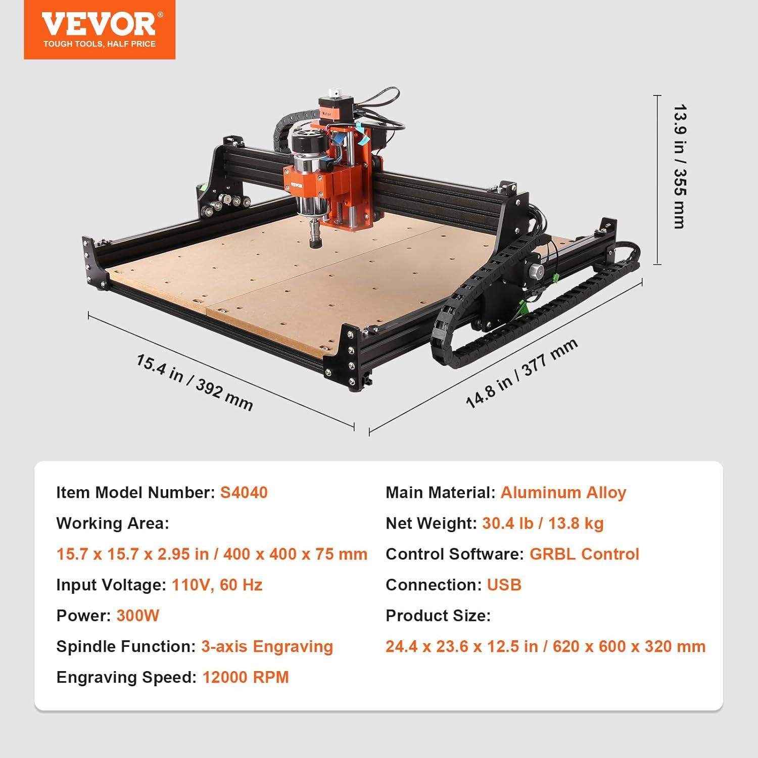 VEVOR CNC Router Machine, 300W, 3 Axis GRBL Control Wood Engraving Carving