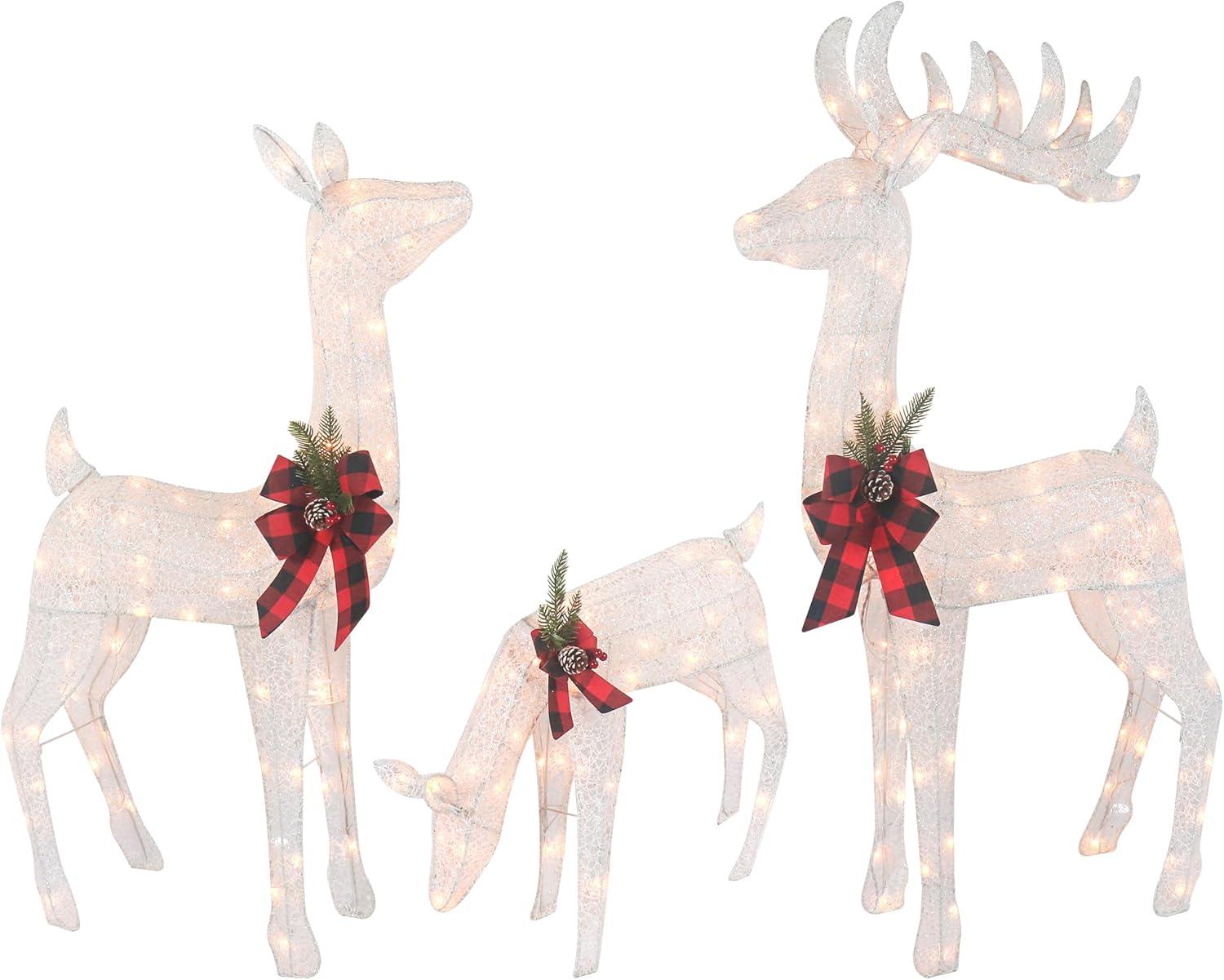 Large White Fabric Lighted Reindeer Family Set with Bows