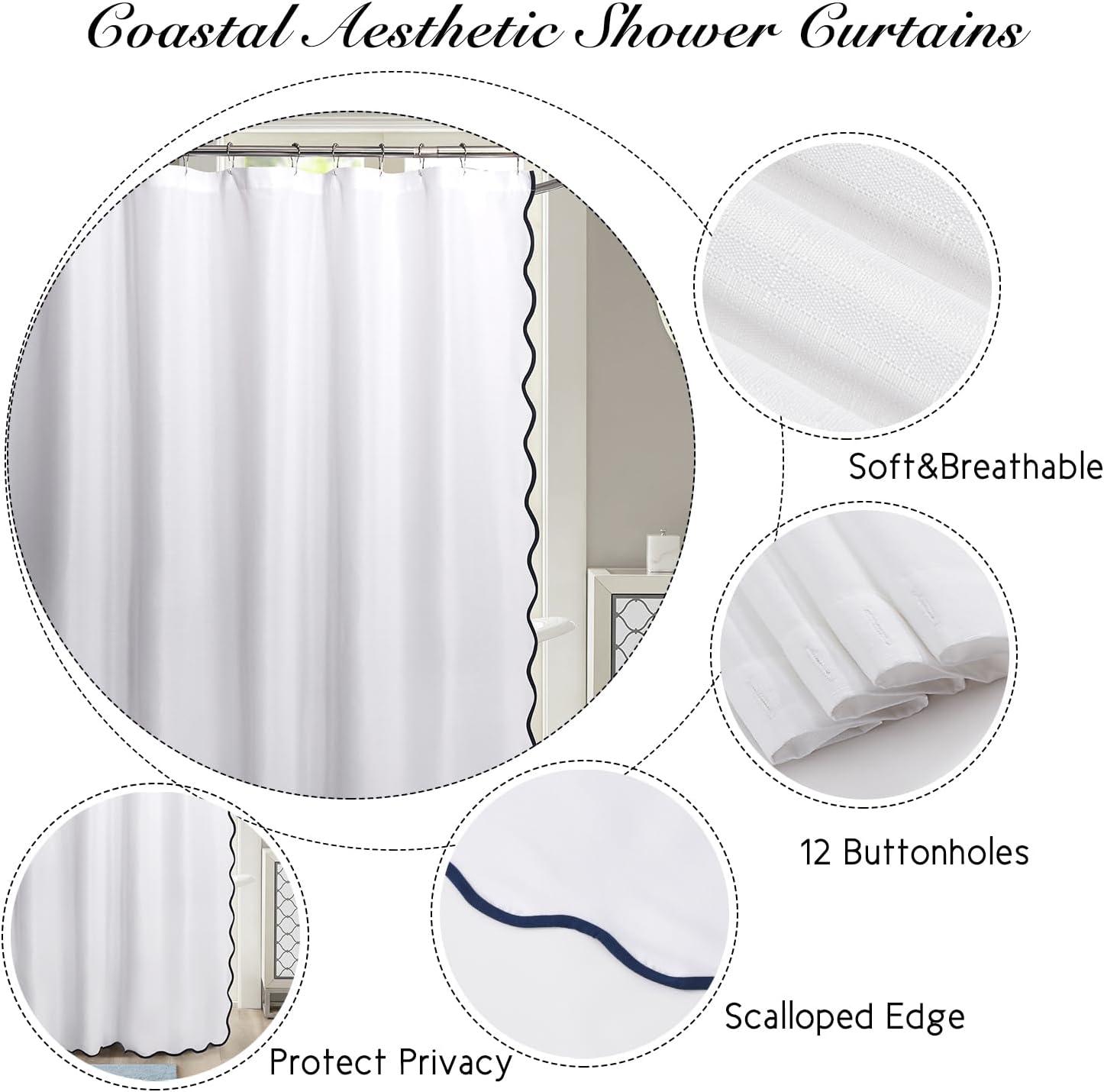 Boho Chic Aesthetic Scallop Edge Shower Curtain, Decorative Coastal Bathroom Curtain for Home Decor, 72 x 72 White and Navy Elegant Minimalist Textured Cloth Bath Curtain (LQ-36)