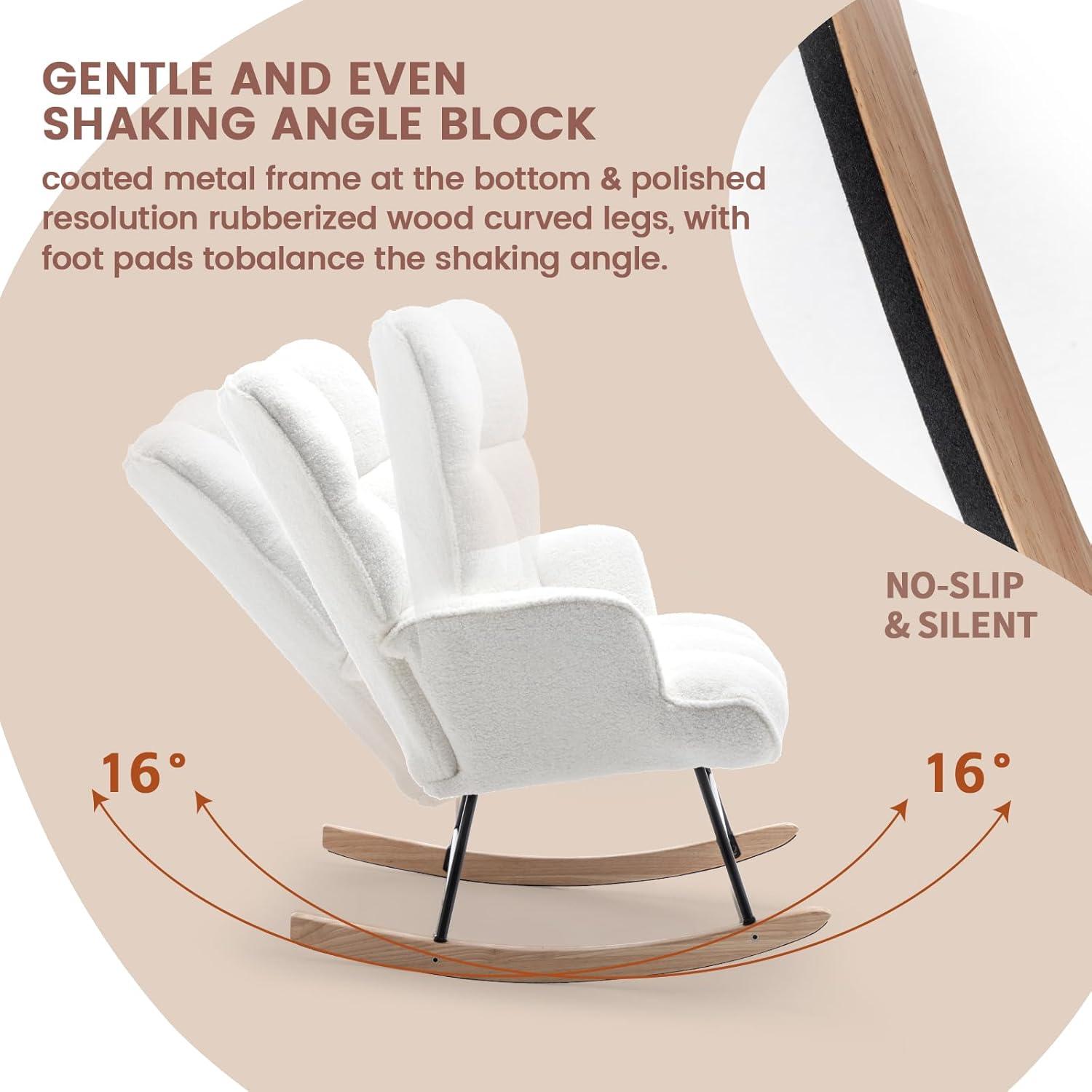 White Sherpa Upholstered Wingback Rocking Chair with Oak Legs