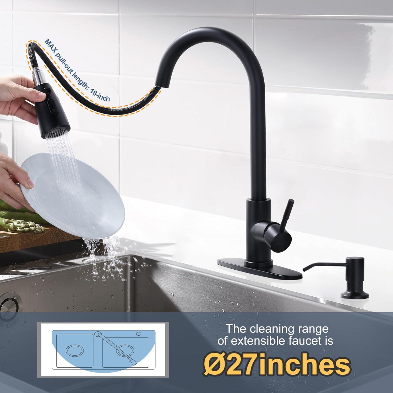 WOWOW Pull Down Kitchen Sink Faucet with Sprayer Stainless Steel Black 1 Handle Kitchen Faucets