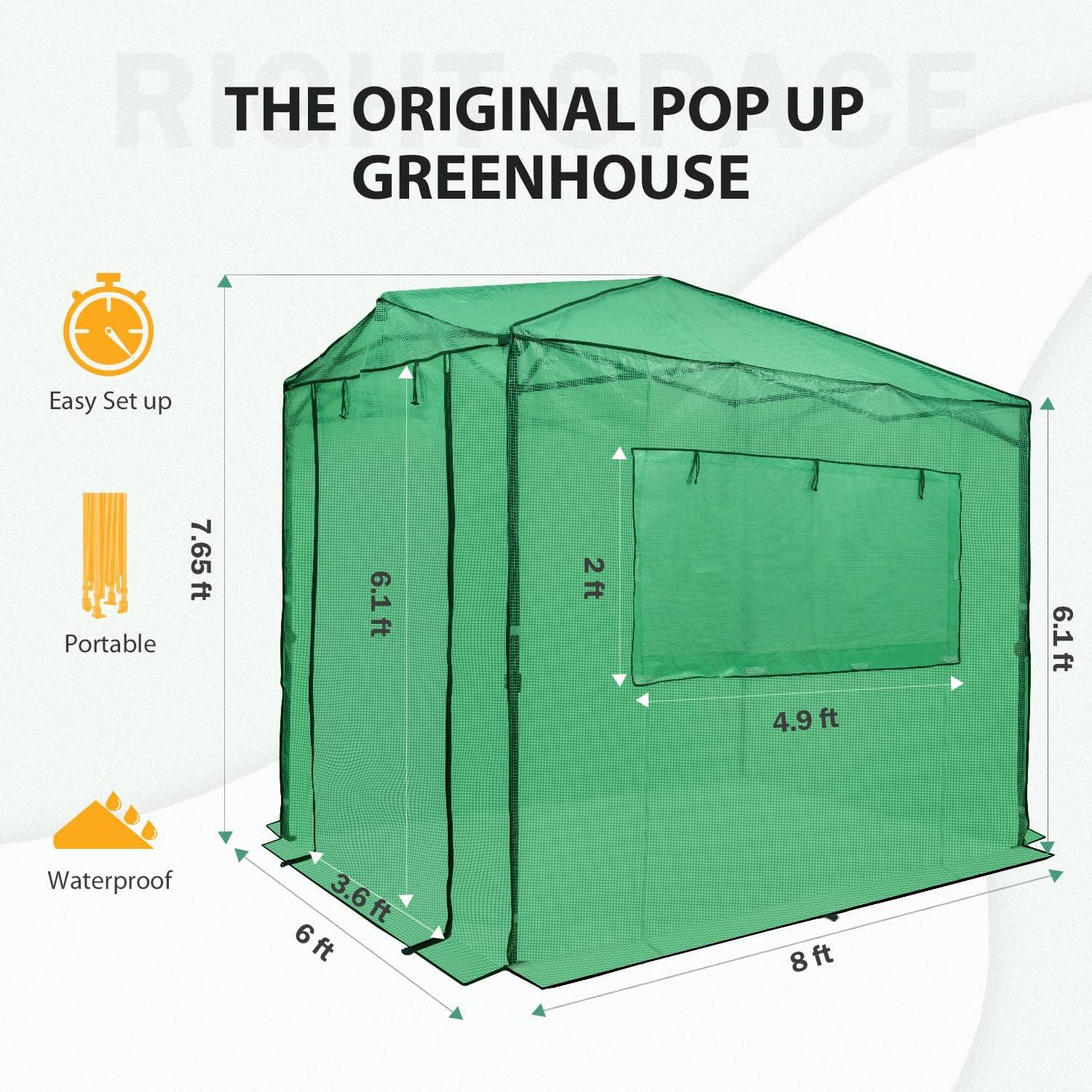 EAGLE PEAK 8x6ft Easy Setup Pop Up Portable Instant Walk-in Greenhouse, Green