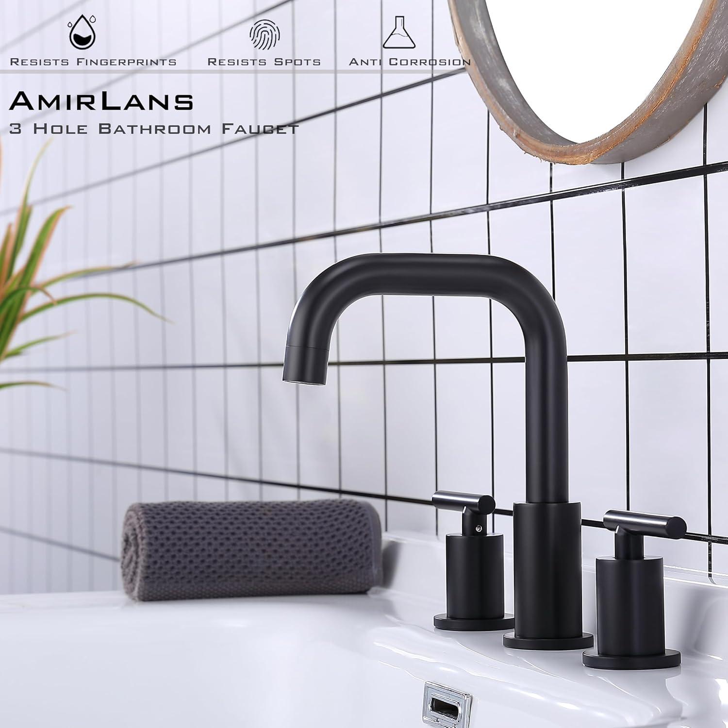 Matte Black 8 inch Widespread Bathroom Sink Faucet Vanity Lavatory Faucet for 3 Holes with Pop up Drain and 360 Degree Swivel Brass Spout