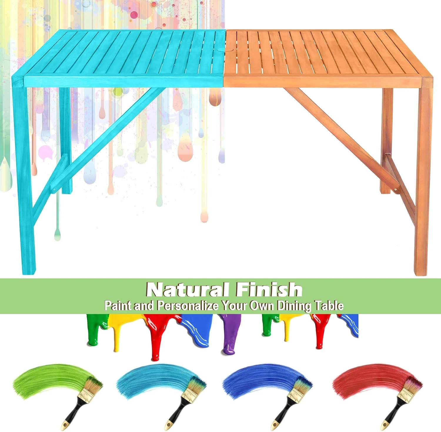 Tangkula Rectangular Acacia Wood Dining Table 4-6 Person Patio 2" Umbrella Hole Natural