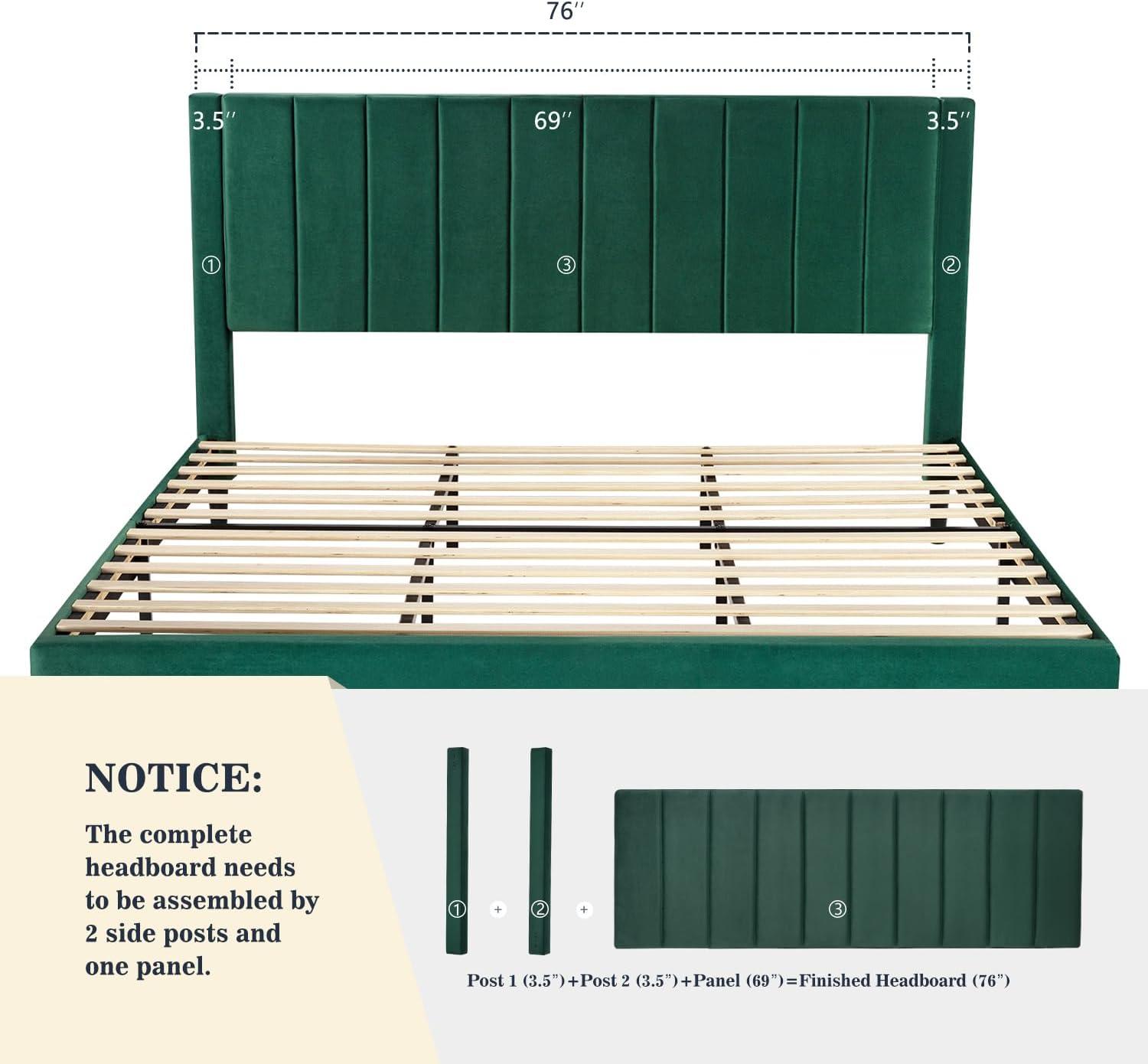 Allewie King Platform Bed Frame/Velvet Upholstered Bed Frame with Vertical Channel Tufted Headboard/Strong Wooden Slats/Mattress Foundation/Box Spring Optional/Easy Assembly/Green