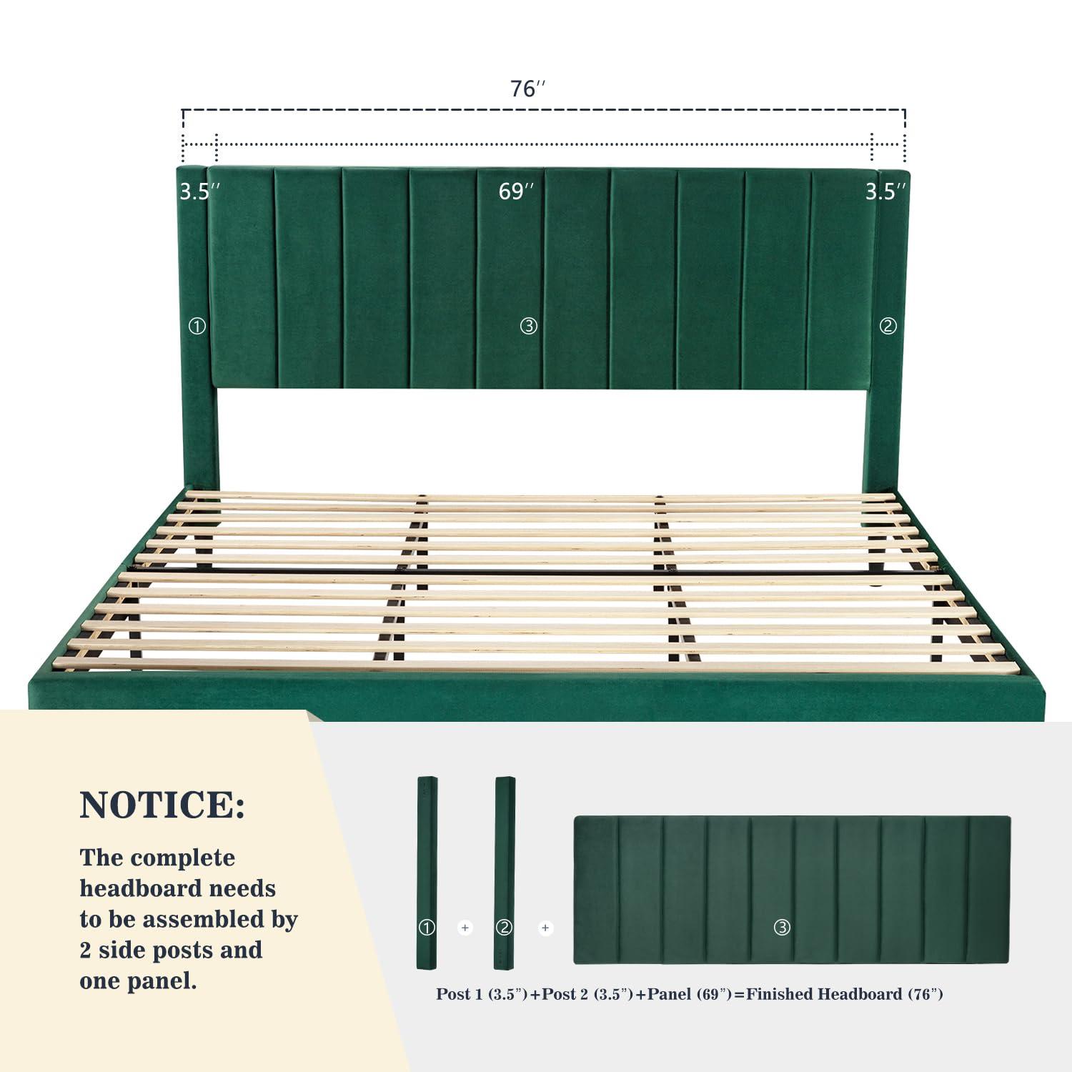 Allewie Queen Velvet Upholstered Bed Frame with Vertical Channel Tufted Headboard, Green