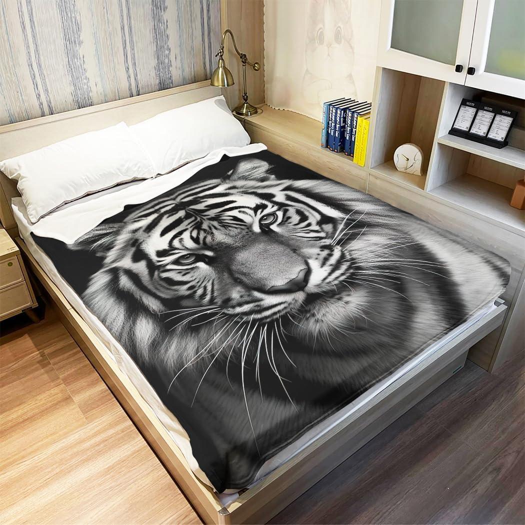 White Tiger Stare Raschel Throw Blanket, 50 x 60 inches