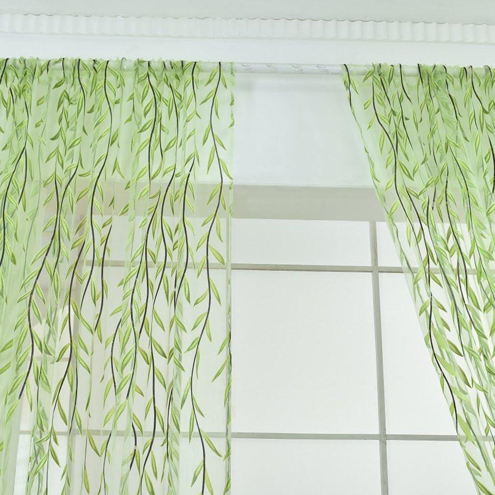 XmhyTop Rely2016 2 Pieces Willow Window Curtain Voile Tulle Room Salix Leaf Sheer Gauze Curtain Voile Panel Drapes Curtain Green Color for Living Room, Bedroom, Balcony ,100 x 200cm