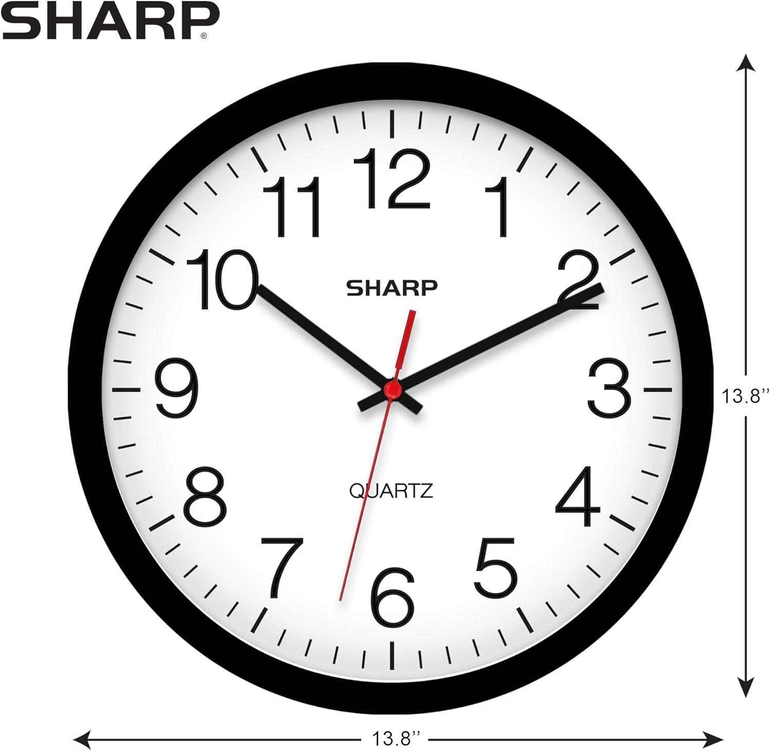 Sharp 14 Inch Silent Non Ticking Wall Clock, Quartz, Battery Operated, Round, Black