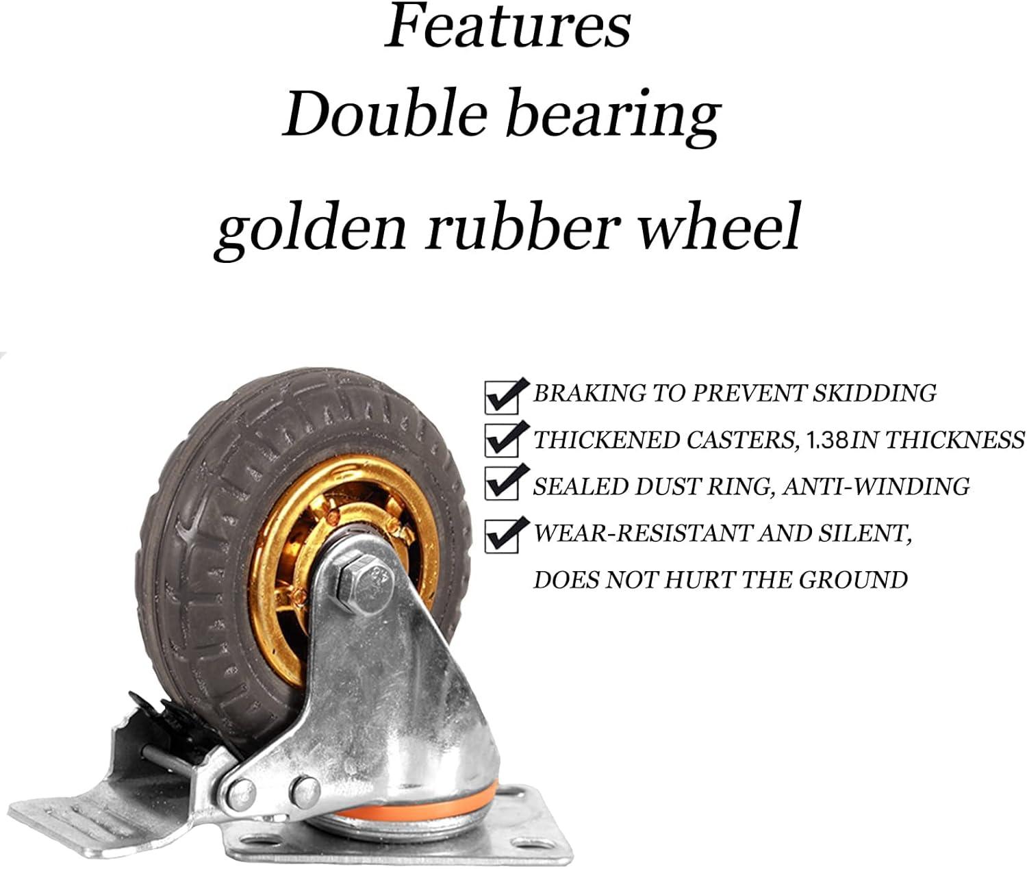 Ycvsad 3 inch Caster Wheels Heavy Duty casters Set of 4,Rubber Swivel Caster Quiet Anti-Skid with Brake 360 Degree Double Ball Bearing Castors(2PCS Fixed Caster Wheels 2PCS Swivel Casters with Brake)