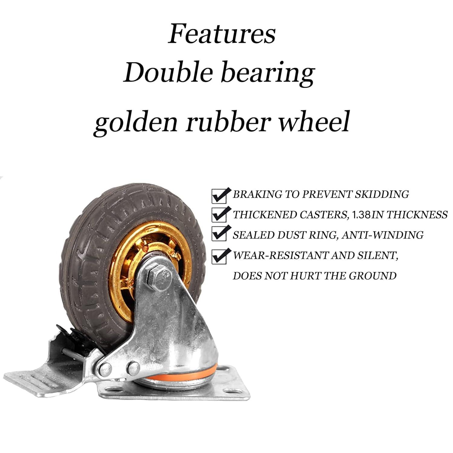 Ycvsad 3 inch Caster Wheels Heavy Duty casters Set of 4,Rubber Swivel Caster Quiet Anti-Skid with Brake 360 Degree Double Ball Bearing Castors(2PCS Fixed Caster Wheels 2PCS Swivel Casters with Brake)