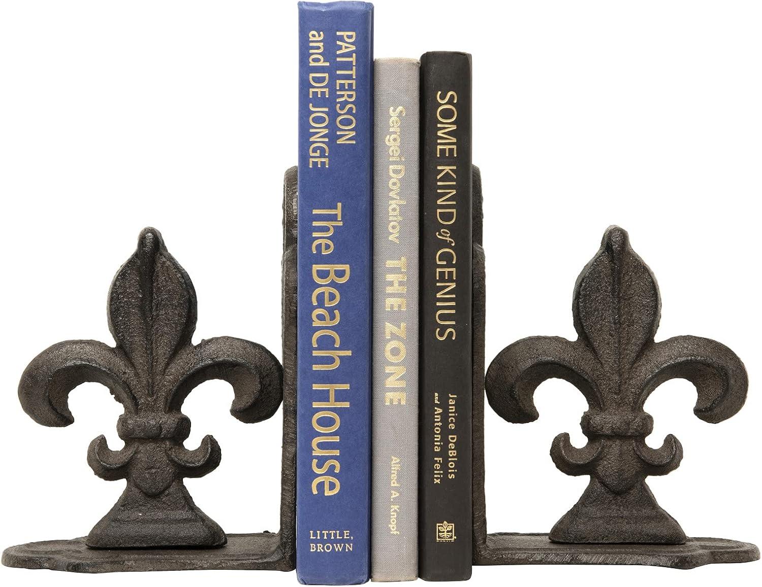 Storied Home Decorative Metal Fleur de Lis Bookends, Brown, Set of 2