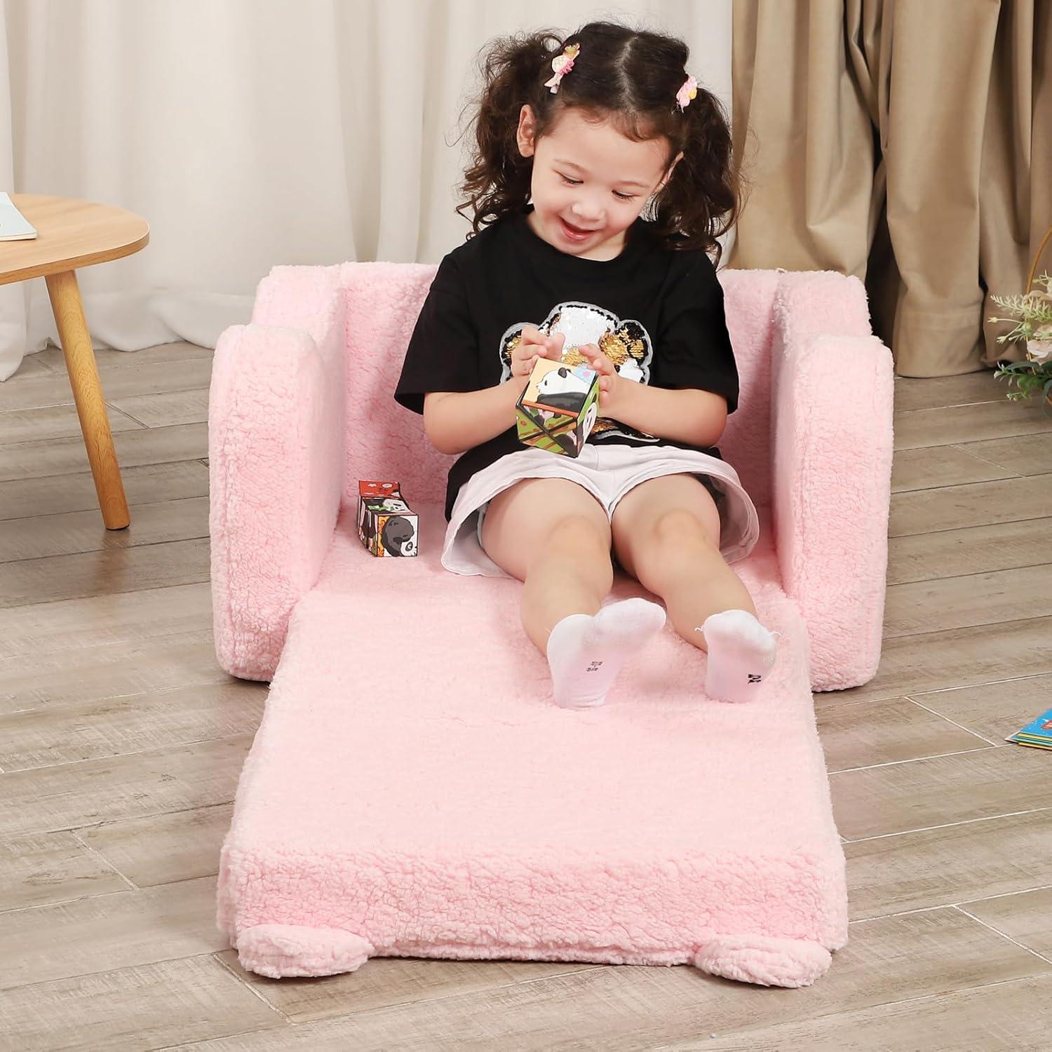 Pink Sherpa 2-in-1 Kids Folding Couch and Lounger