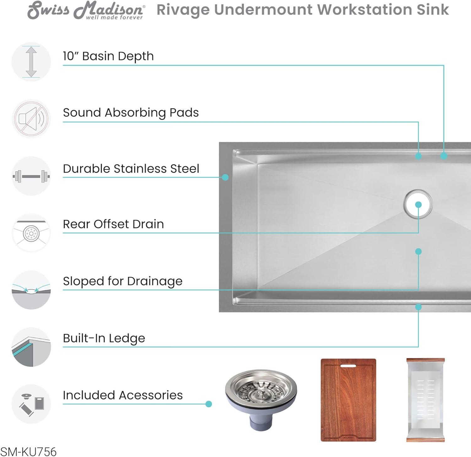 Rivage 45 x 19 Single Basin Undermount Kitchen Workstation Sink