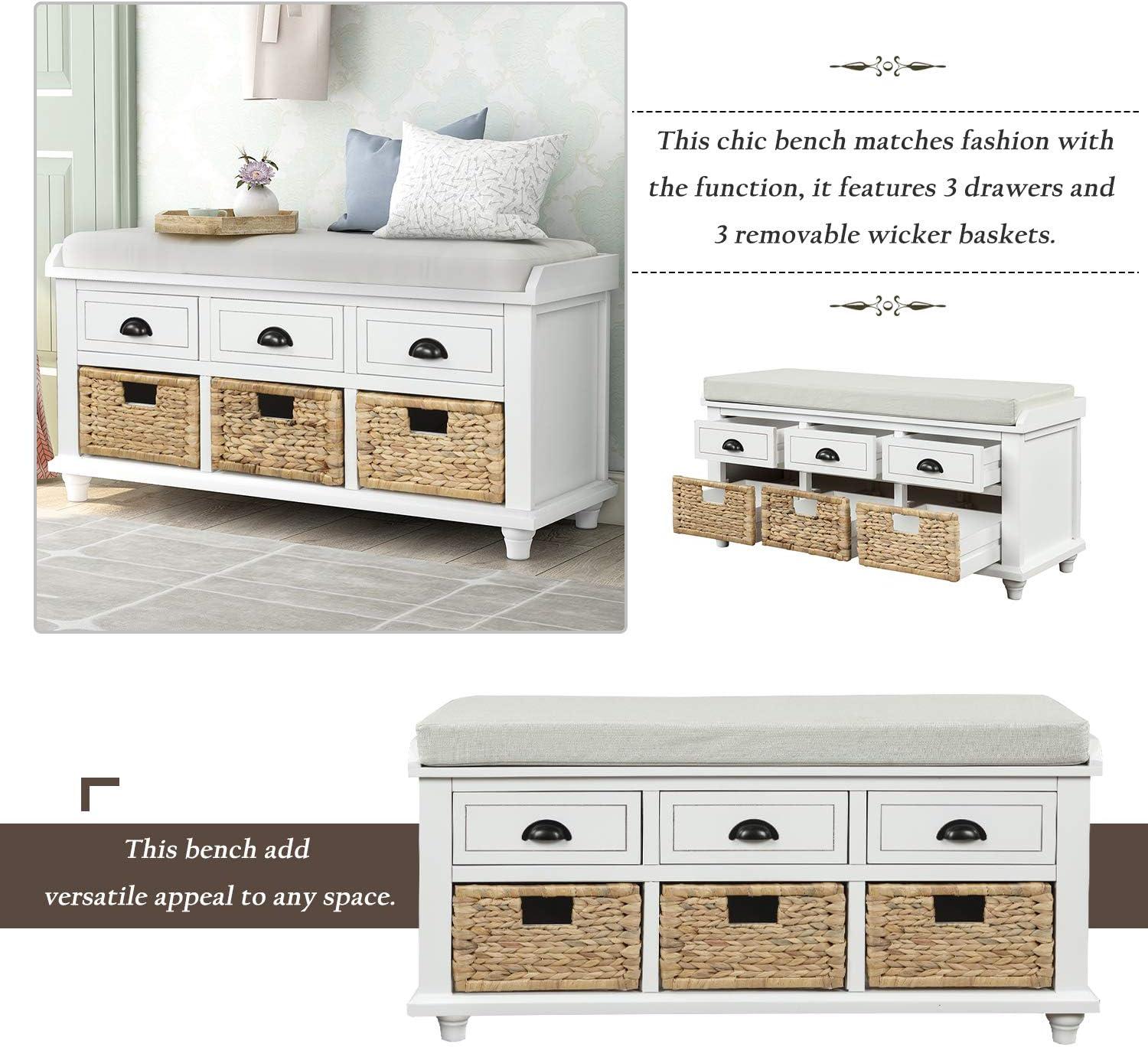 Harper & Bright Designs TREXM Rustic Storage Bench with 3 Drawers and 3 Rattan Baskets, Shoe Bench for Living Room, Entryway (White)