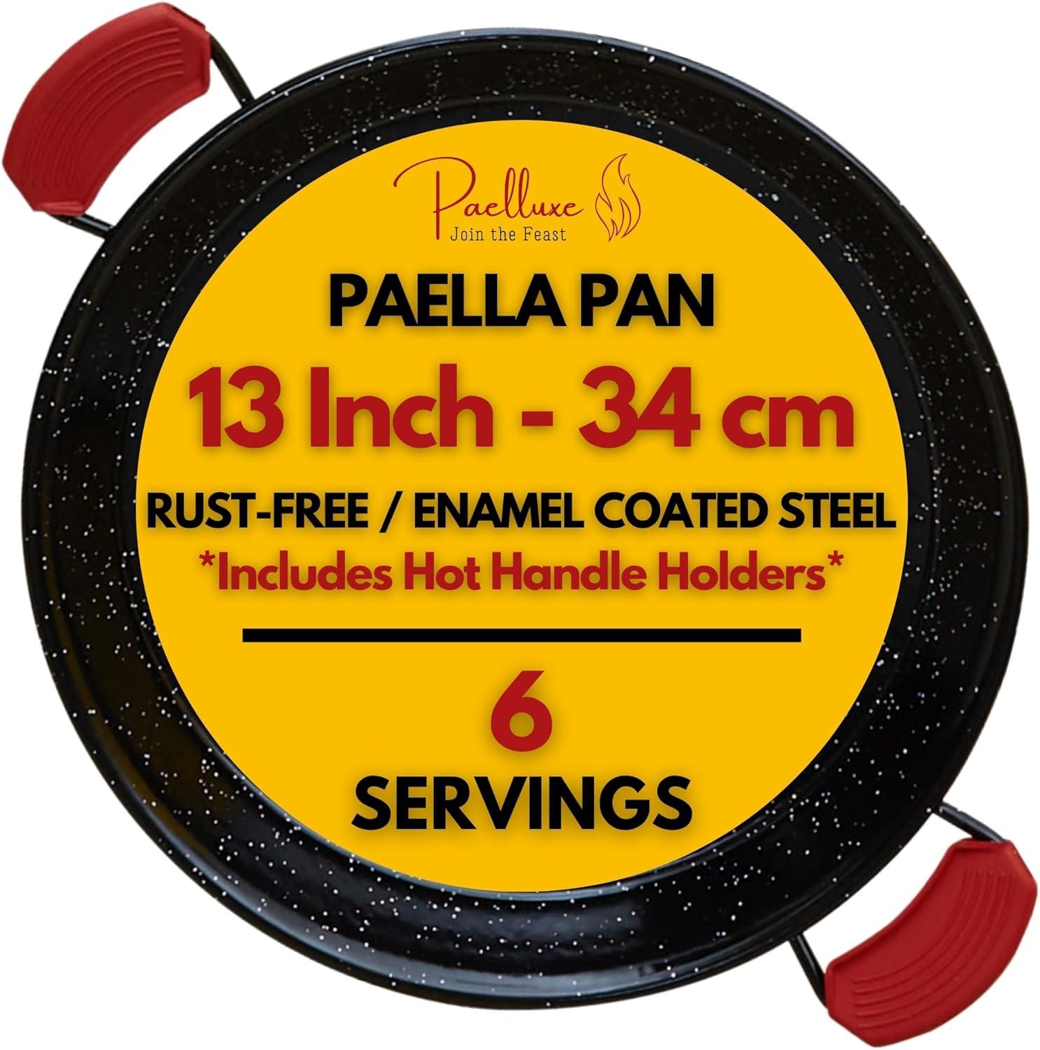 Paelluxe 22 Inch Paella Pan 16 Servings - Enamelled No Rust Easy to Clean Steel Pan Propane - Gas Burners for Cooking - Indoor & Outdoor Cooking Skillet - Cacerola Paellera Sarten - Mother's Day Gift