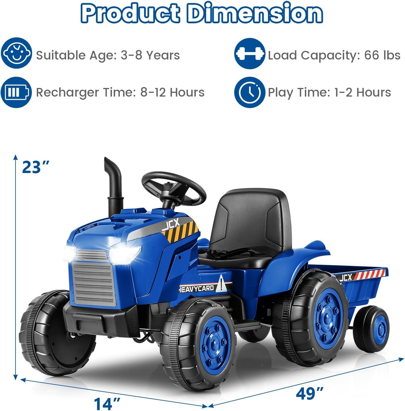 Blue 12V Kids Ride-On Tractor with Trailer and Remote Control