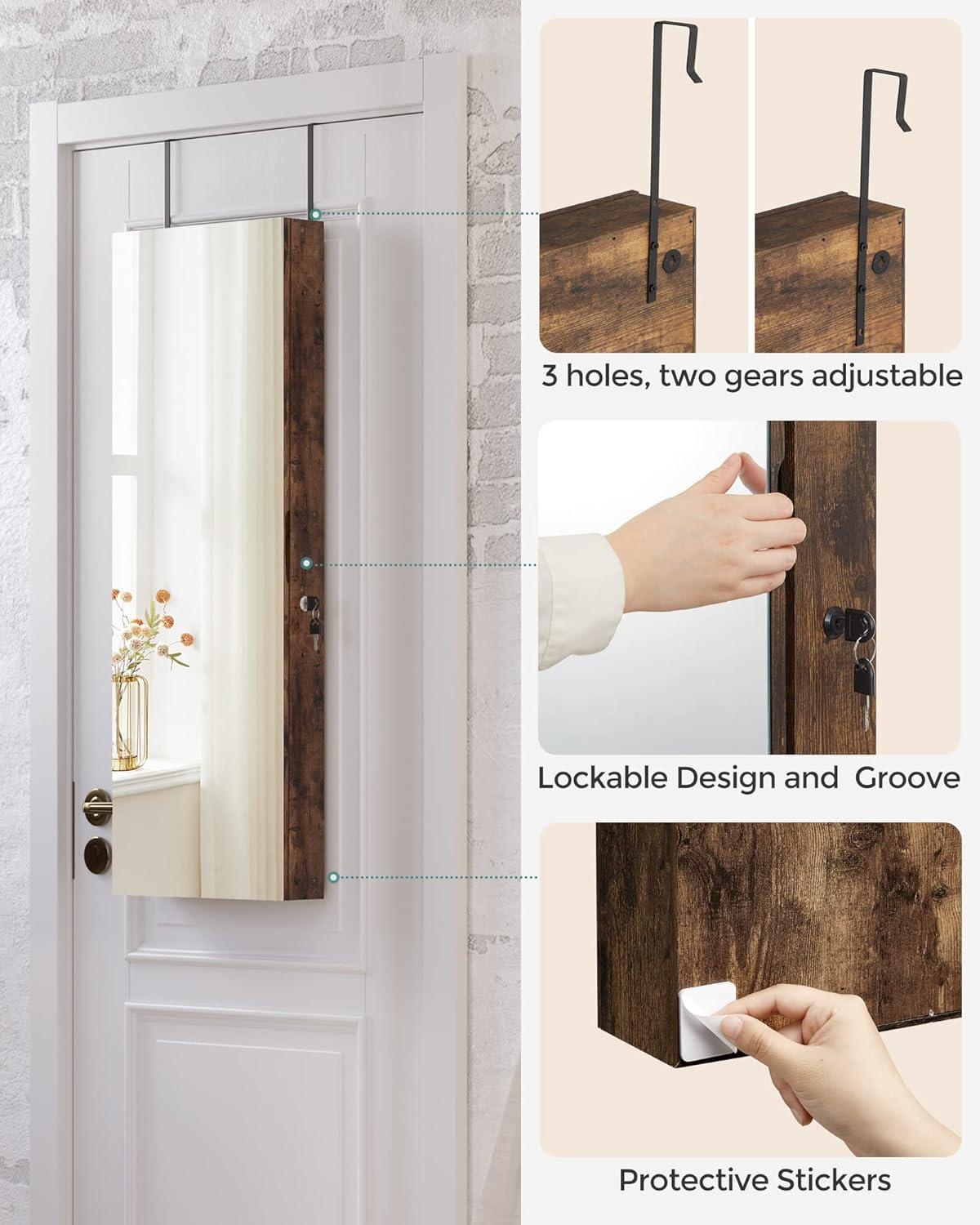 SONGMICS Mirror Jewelry Cabinet Armoire Organizer, Wall or Door Mount Storage Cabinet with Full-Length Frameless Lighted Mirror, Built-in Makeup Mirror, 2 Drawers, Lockable, Rustic Brown UJJC013X01