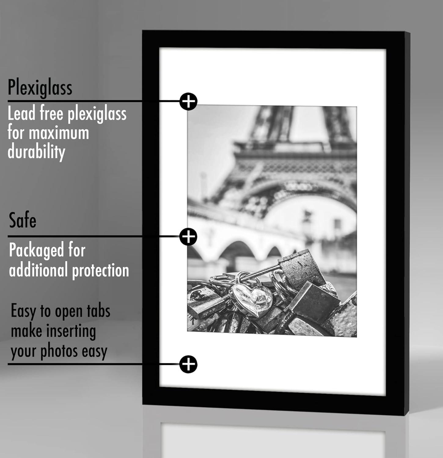 Americanflat 5 Pack of 8x12 Frames with 6x8 Mat - Plexiglass Cover - Black