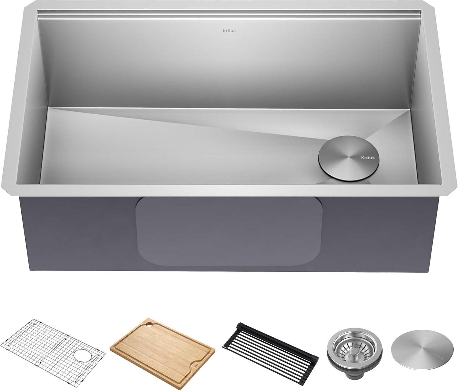 KRAUS Kore™ Workstation 30-inch L Undermount 16 Gauge Single Bowl Stainless Steel Kitchen Sink with Accessories