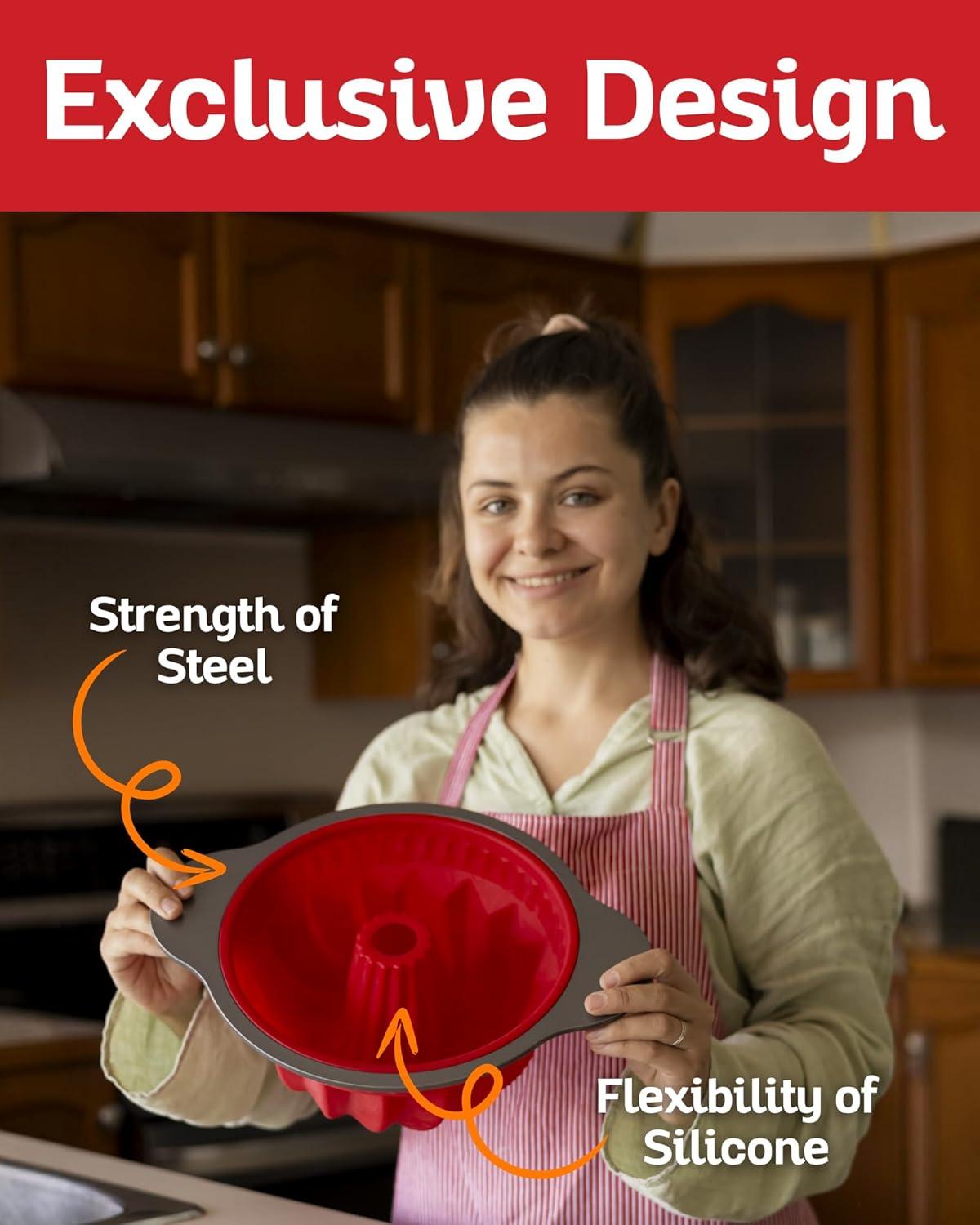 Red Silicone Non-Stick Bundt Cake Pan with Steel Frame