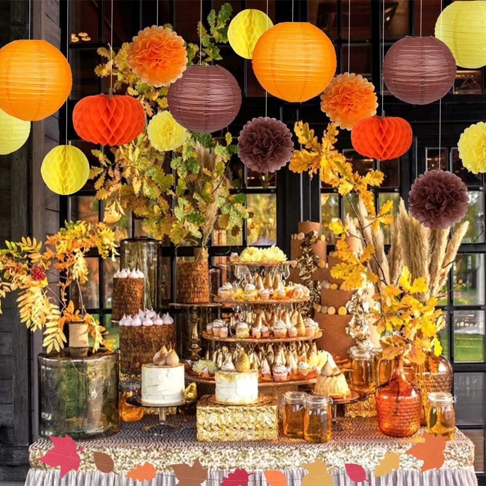 Thanksgiving Party Decorations Supplies Kit Hanging Paper Lantern Tissue Honeycomb Ball Pom Poms Flowers Pumpkins Maple Leaf Garland for Fall Birthday Baby Showers Home Decor Indoor Outdoor E11