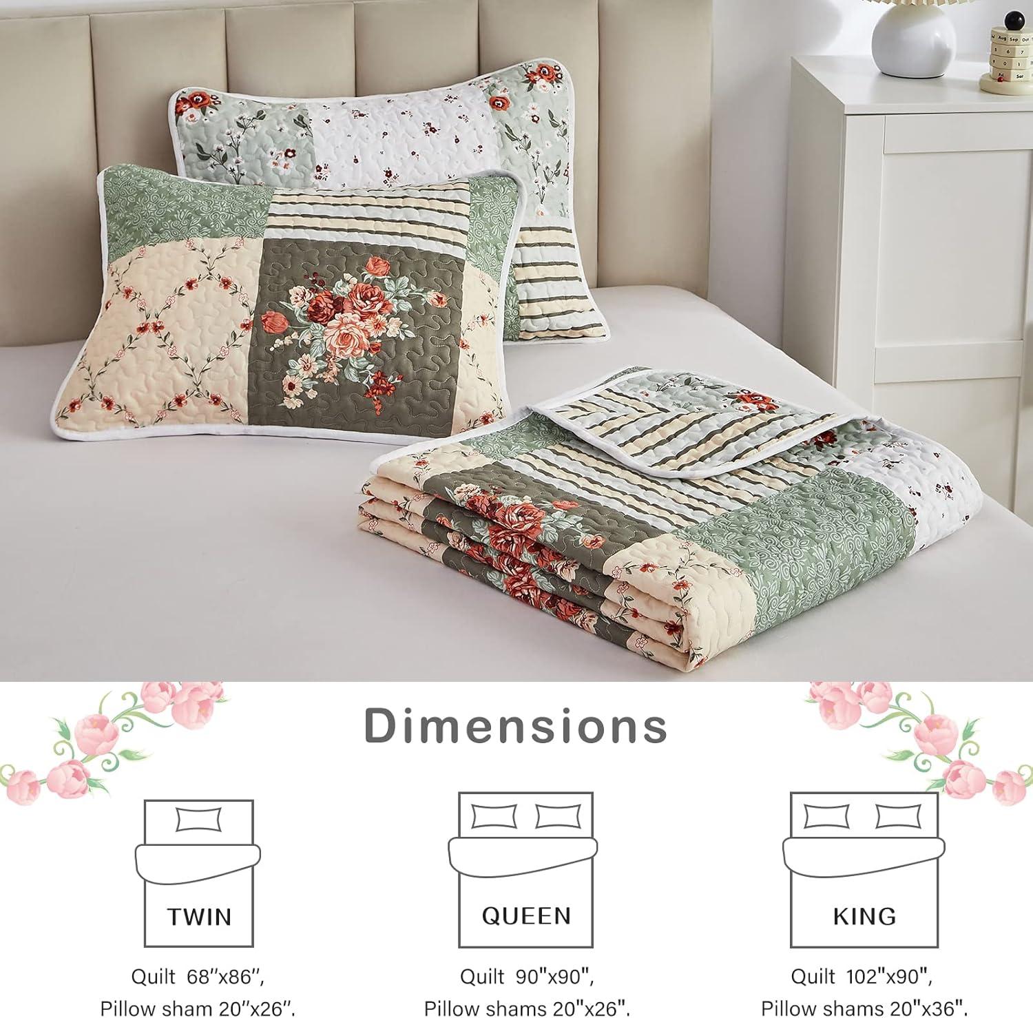 Patchwork Quilt Set Full/Queen Size, 3 Pieces Green Floral Plaid Summer Bedspread Coverlet Set, Soft Microfiber Reversible Lightweight Bed Cover for All Season (90" x 90", 1 Quilt+ 2 Pillow Shams)