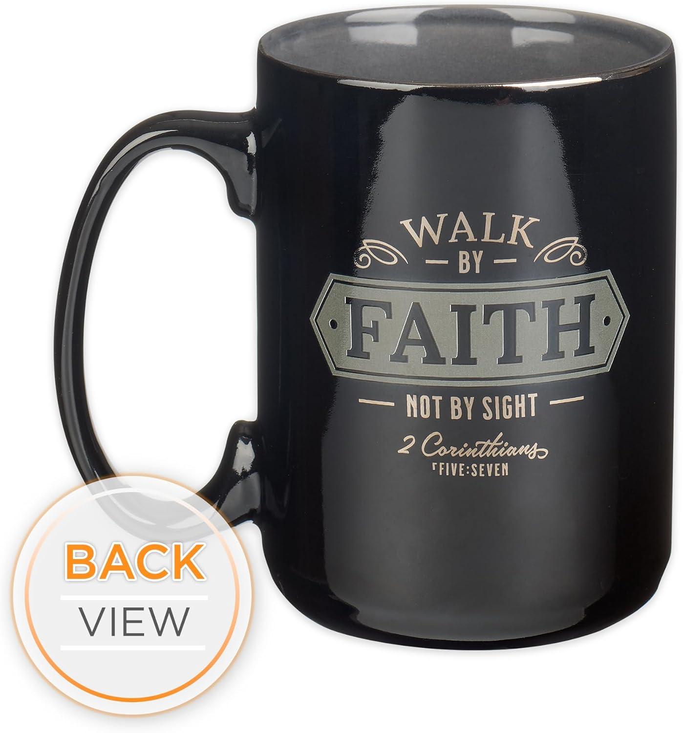 Christian Art Gifts Large Ceramic Bible Verse Coffee & Tea Mug for Men: Walk by Faith - 2 Corinthians 5:7 Inspirational Scripture, Non-toxic & Lead-free Novelty Drinkware, Black/Gray w/Silver, 14 oz.